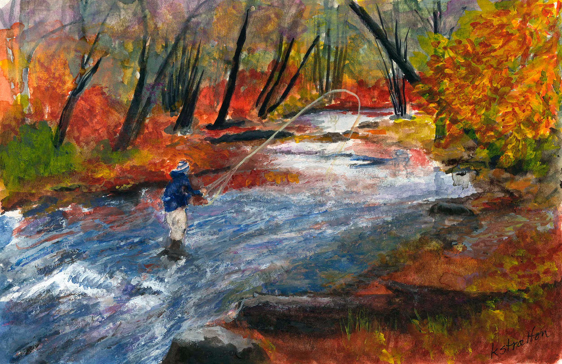Dressed for the cold, a fly fisherman stands on a rock in the swift current of a rushing stream at the peak of autumn.