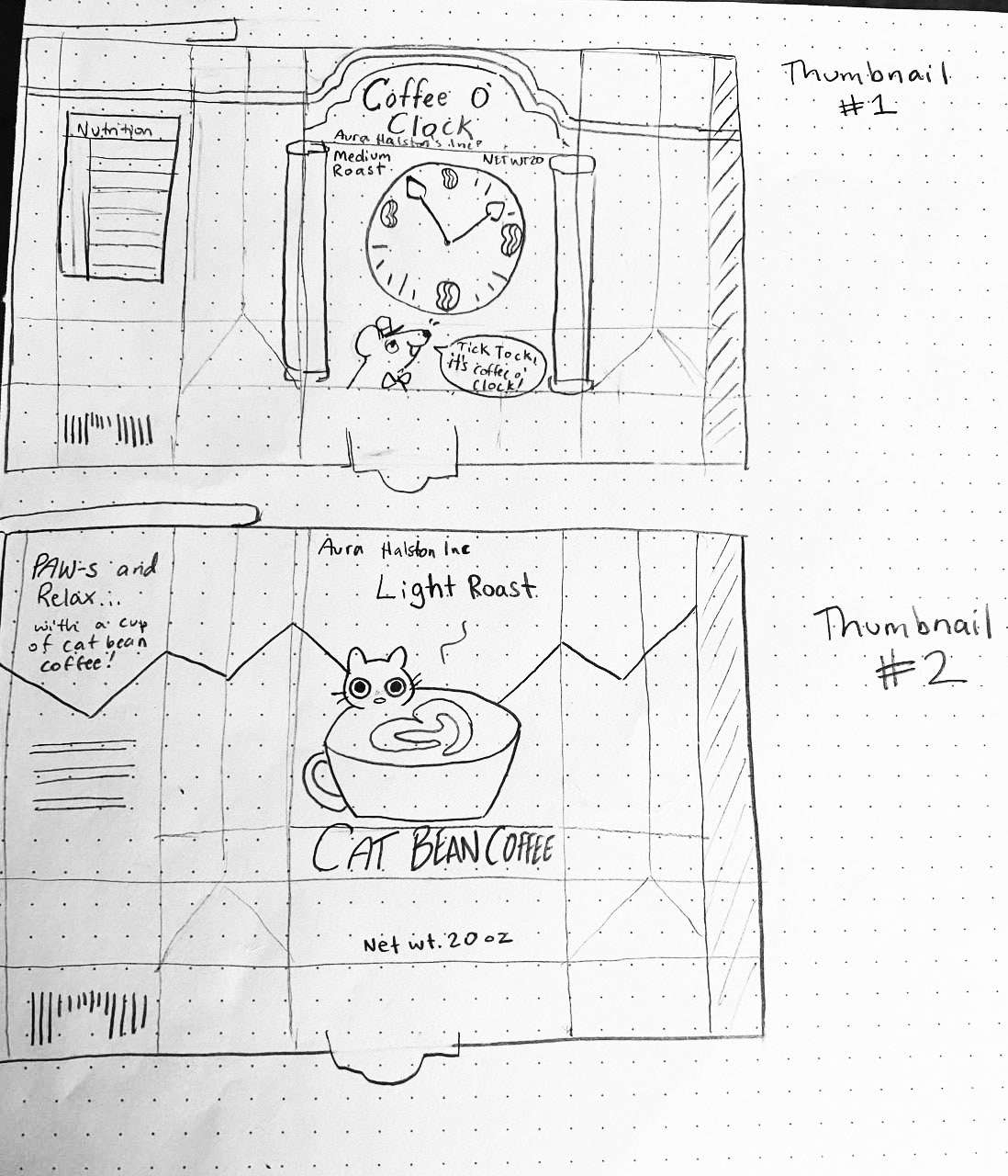 Two of the thumbnails for the bag project