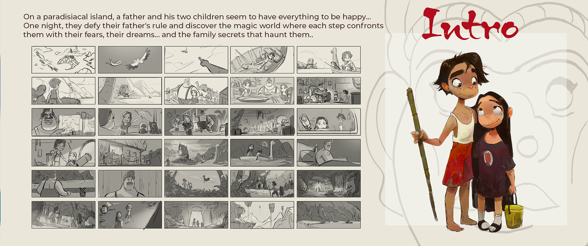 Le Paradis Défendu – storyboard and character design of a father's two children, by Benjamin Guillon