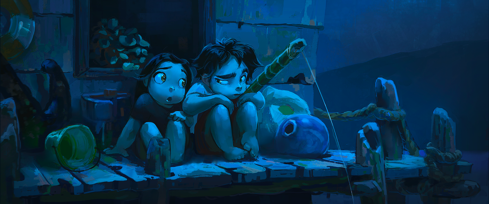 une scène sombre	Le Paradis Défendu – concept art of the two children in a dark exterior in a night mood by Benjamin Guillon