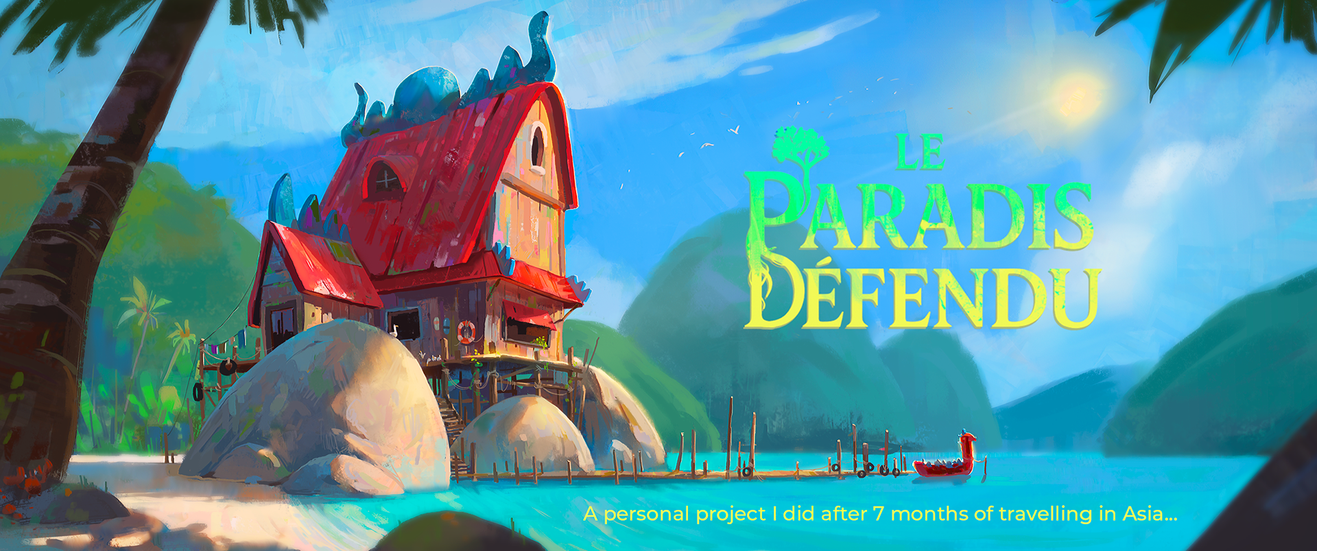 Key art for Le Paradis Défendu, a personal animated project by Benjamin Guillon – red house on a tropical island