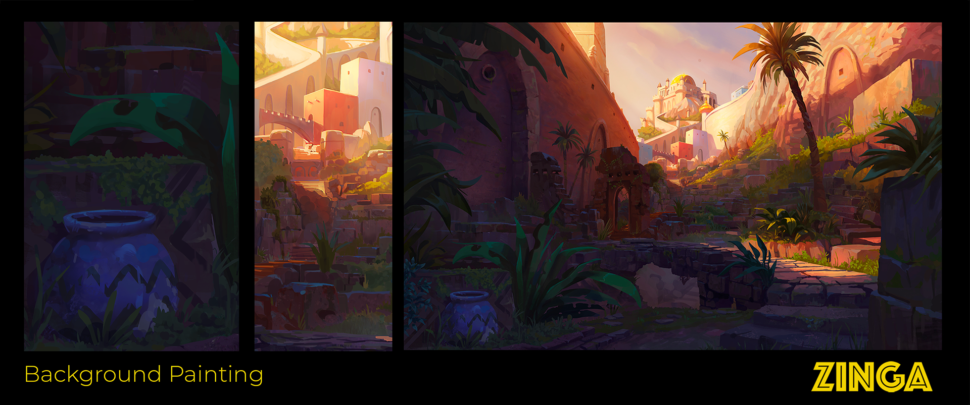 Zinga – background painting of a desert village and canyon, Benjamin Guillon