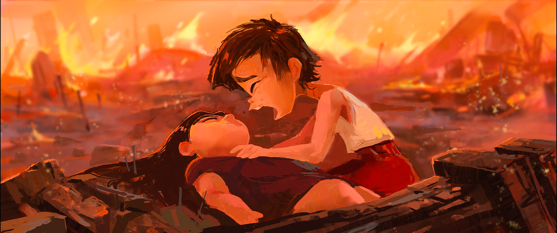 Le Paradis Défendu – emotional key illustration of two children in a burning landscape, by Benjamin Guillon