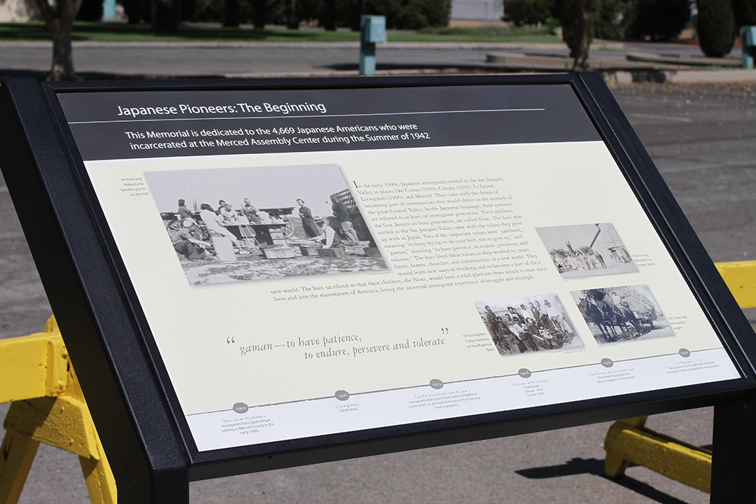 Merced Assembly Center Memorial: Merced, California. 5 boards designed by Maryann Ohki.