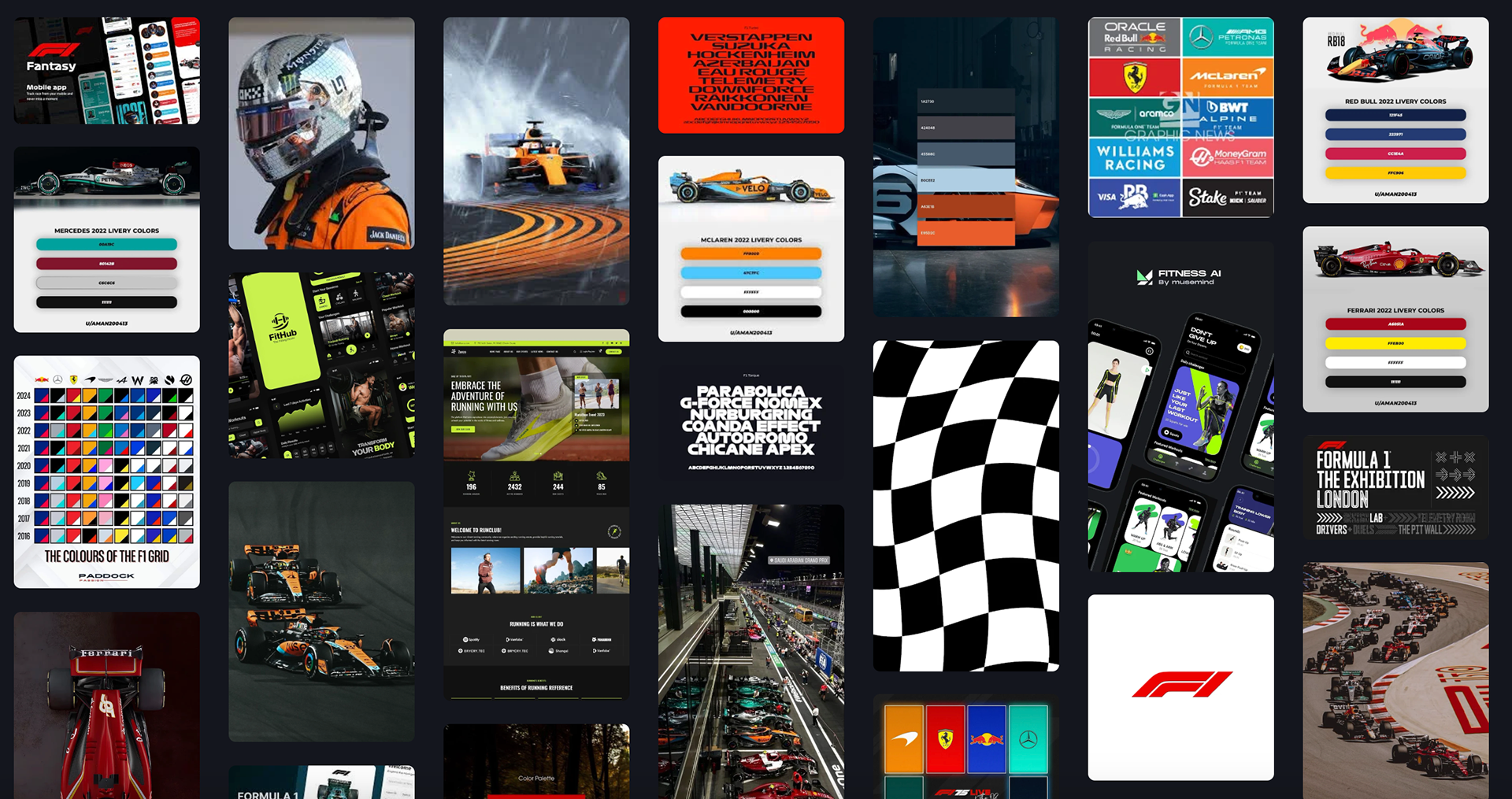 Moodboard exploring visual direction, tone, and interaction style for the Pitstop app, focusing on speed, structure, and high-pressure task coordination