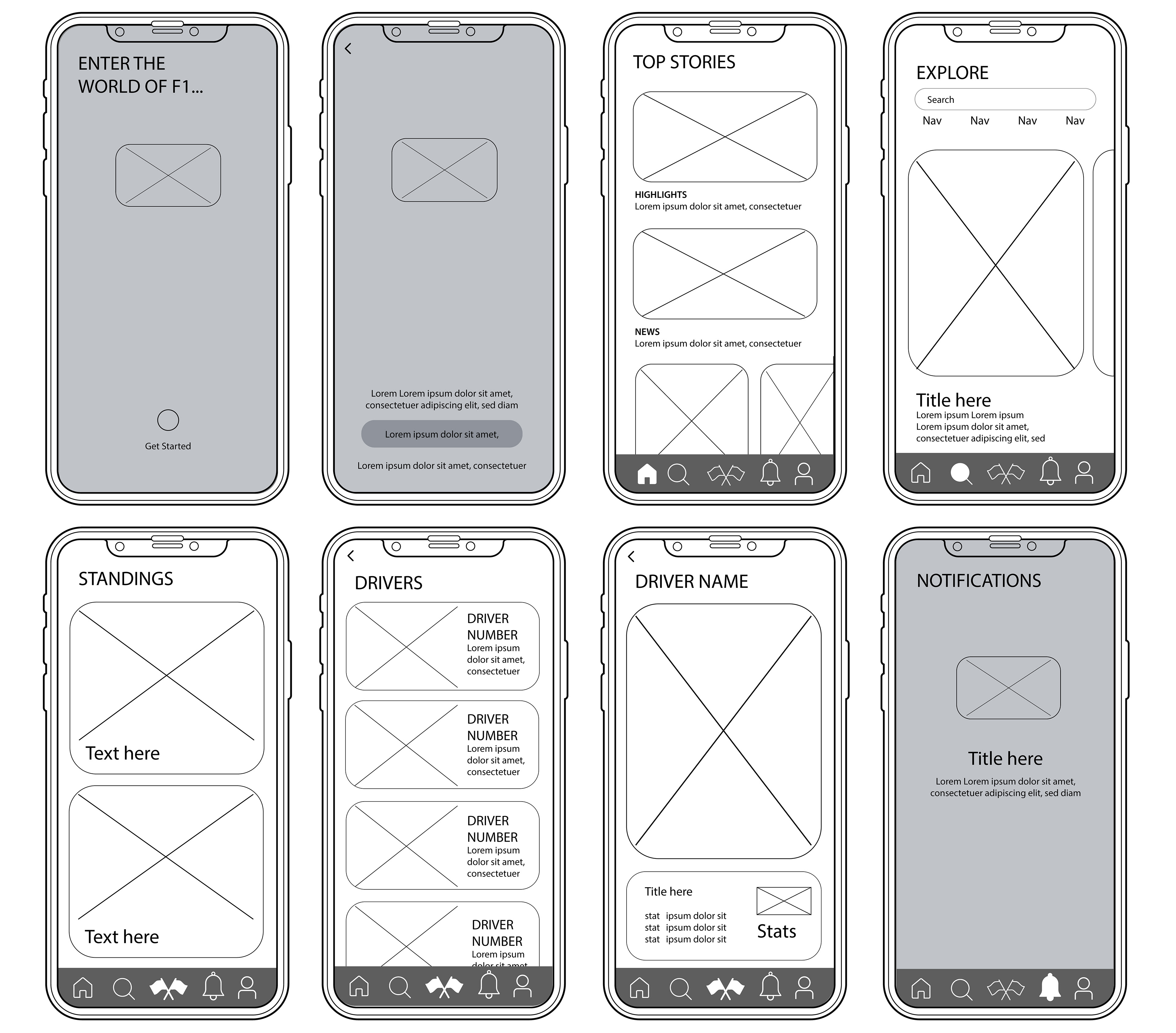 Low-fidelity wireframes exploring initial layout structures, information hierarchy, and core user flows for the Pitstop app