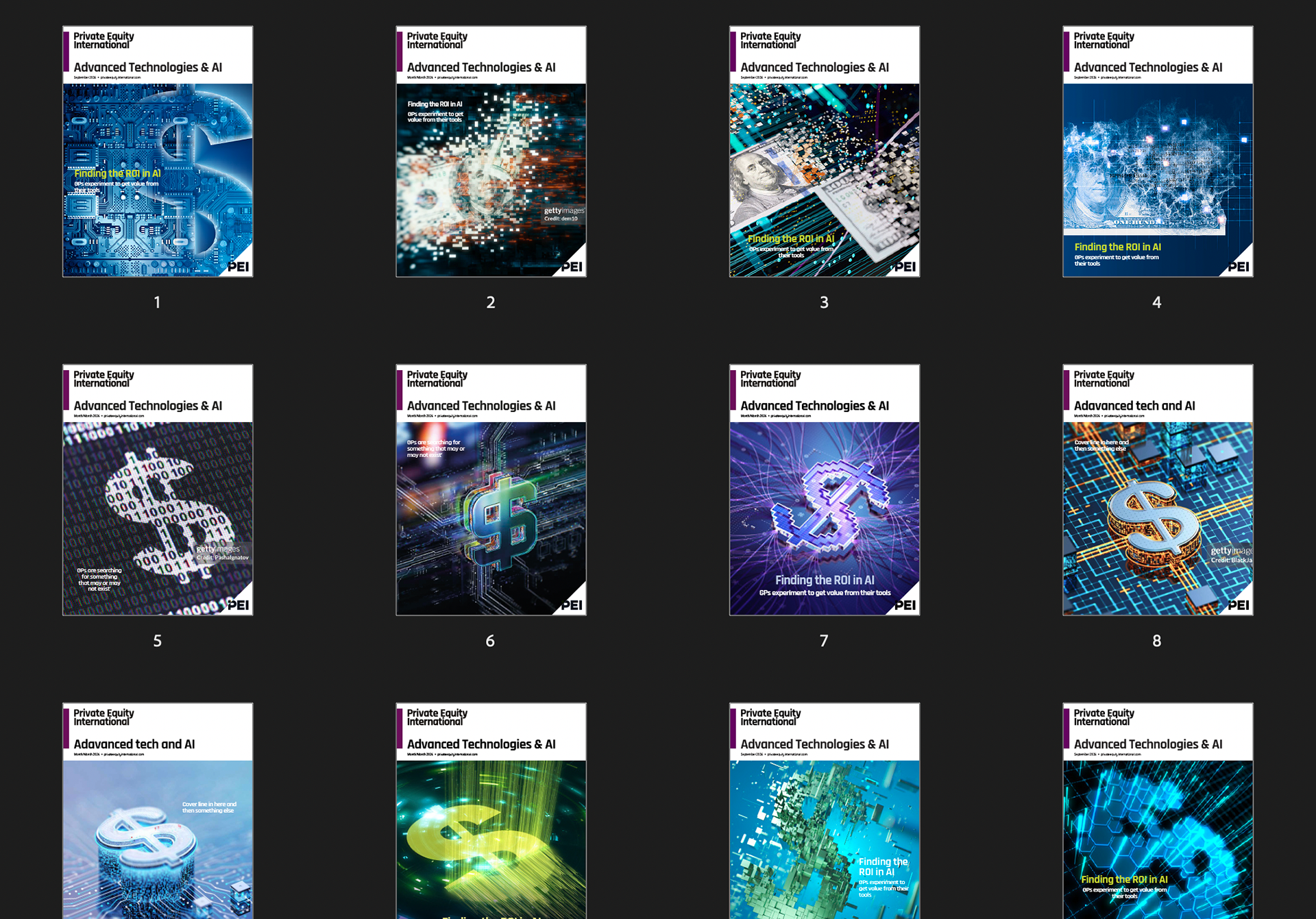 Collated cover ideas for the PEI 'Advanced Technologies & AI' 2026 magazine cover