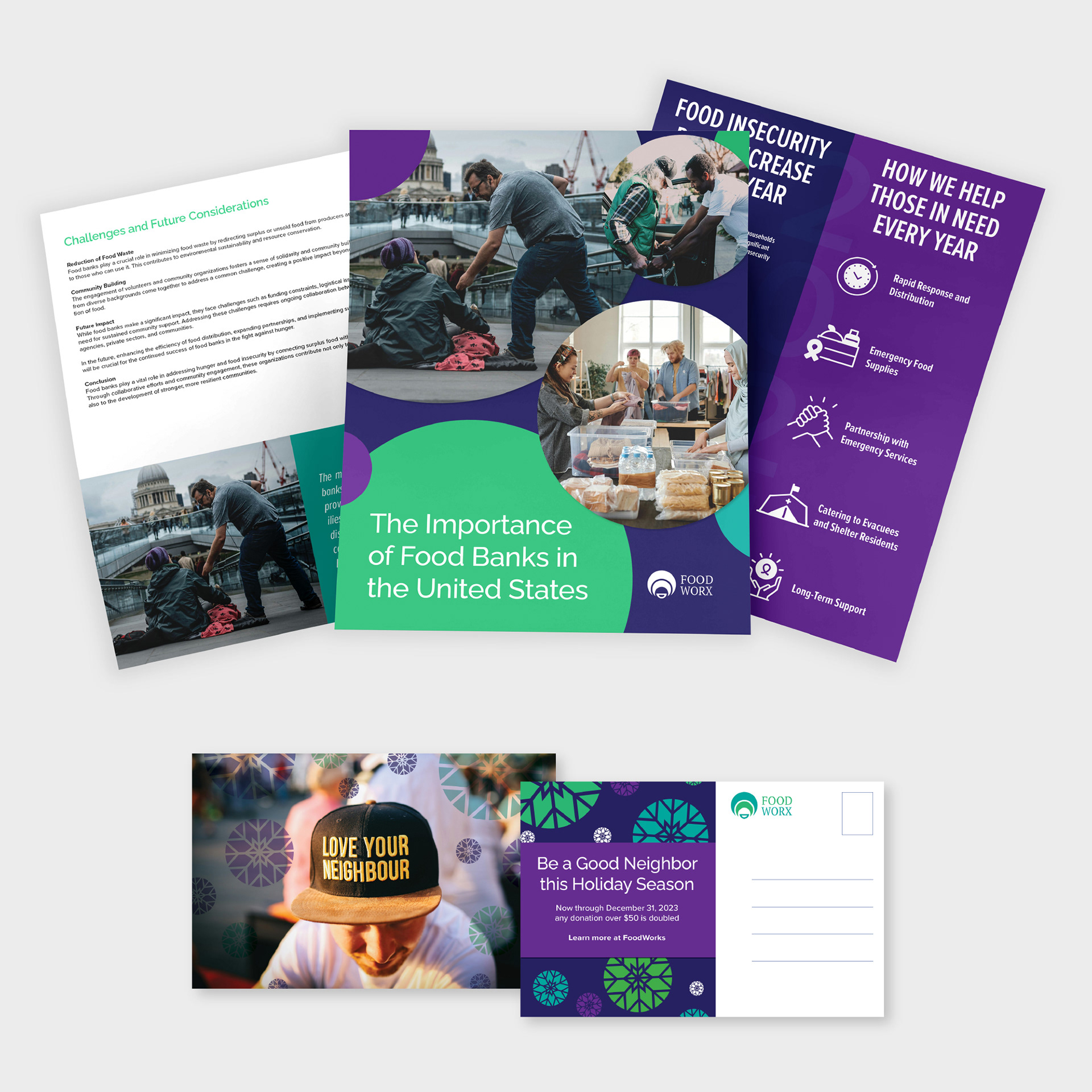 Postcard and pages from annual report