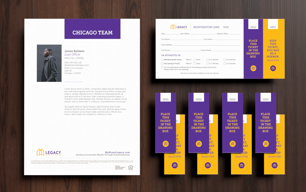 Marketing materials used for various events for Legacy Home Loans. The entry form on the left was custom designed with perforation to be used for a raffle. February 2020 | Illustrator CC