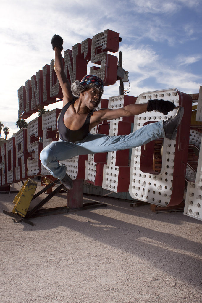 This male model who performed in the Las Vegas production of The Lion King, catches air in front of the Horseshoe signage at the Neon Musuem. The photo was taken as an assignment for Commercial Lighting. Students were given Q-flash lights to create lighting in the mid-day Vegas sun. November 2011 | Canon Rebel T1i, Kit Lens