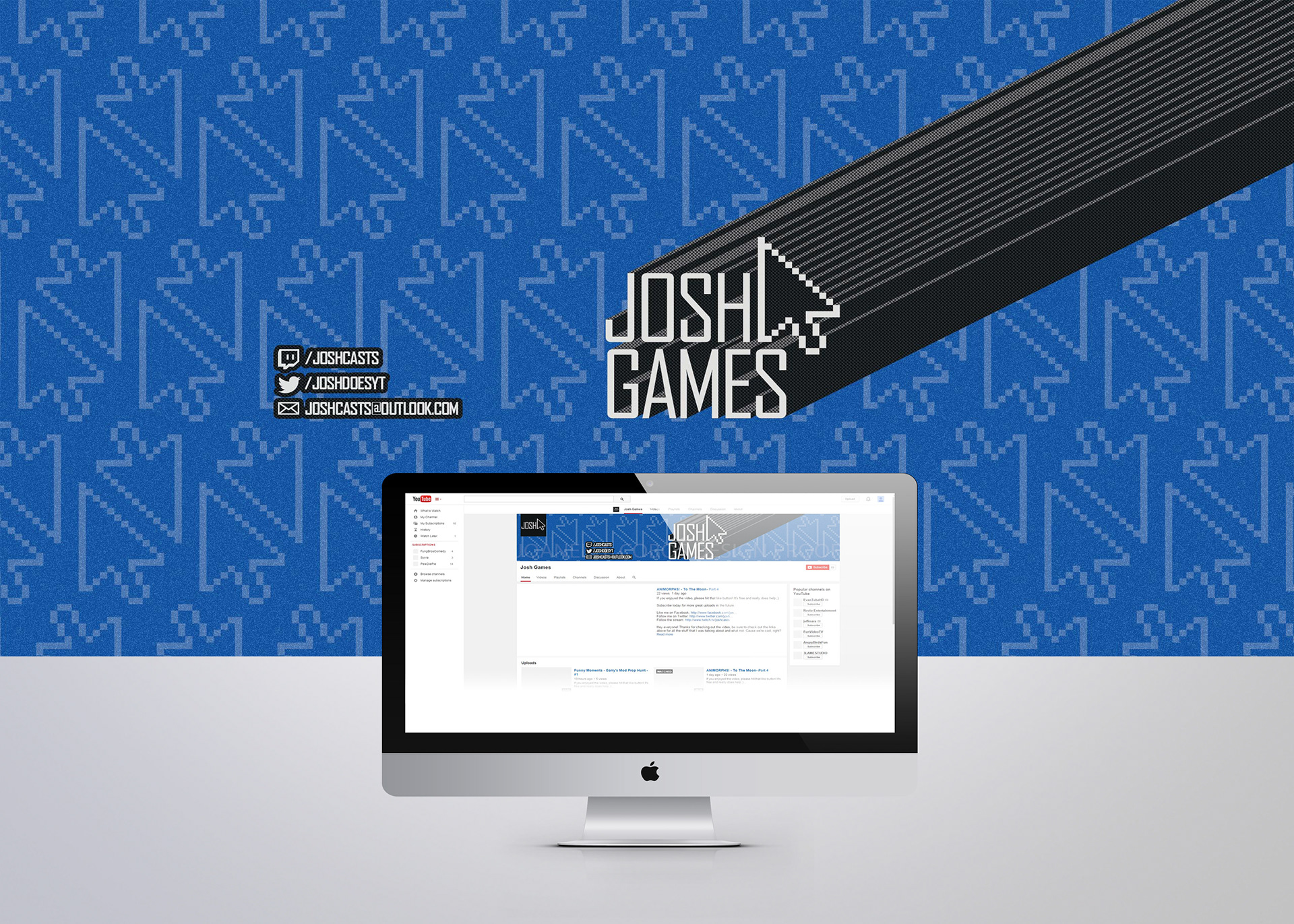 Josh Games is a PC gaming channel with content that ranges from point-and-click to horror game play. I stuck with the original color scheme for the channel and used a pixel look and the mouse cursor to emphasize that Josh streams gaming for PC games. This banner has been optimized for viewing on desktops, tablets, TVs, and mobile devices. December 2014 | Adobe Illustrator & Photoshop CC