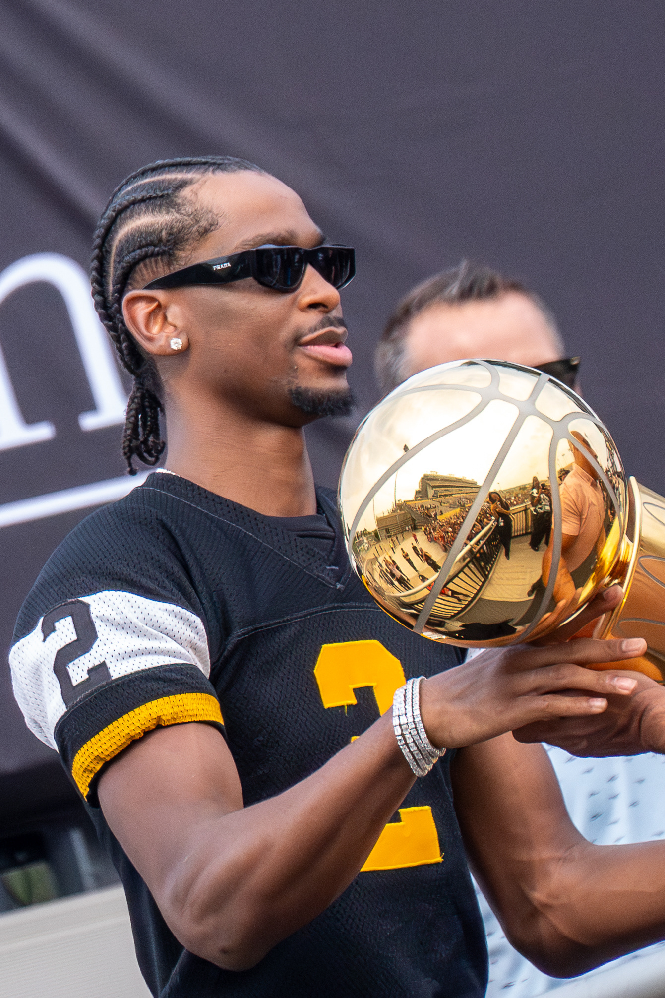Shai Gilgeous-Alexander holds the Larry O’Brien NBA Championship Trophy during the Shai Rally Day celebration at Hamilton Stadium on August 7, 2025 in Hamilton, Ontario, Canada. (Photo by Jay Barlett)
