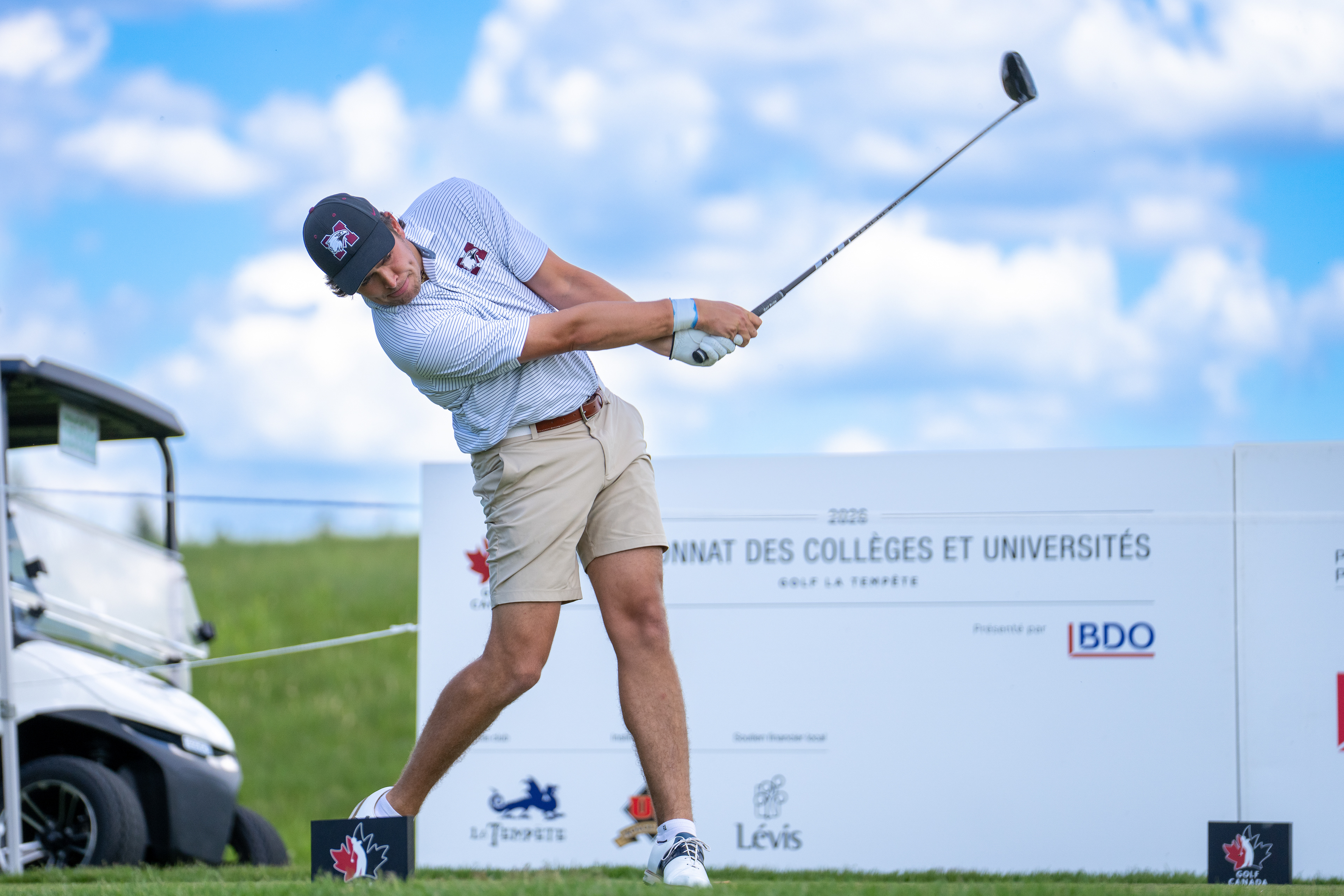 Tyler Hunt hits his opening tee shot during the final round of the 2026 Canadian University/College Championship at Golf La Tempête on June 19, 2026 in Lévis, Quebec, Canada. (Photo by Jay Barlett)
