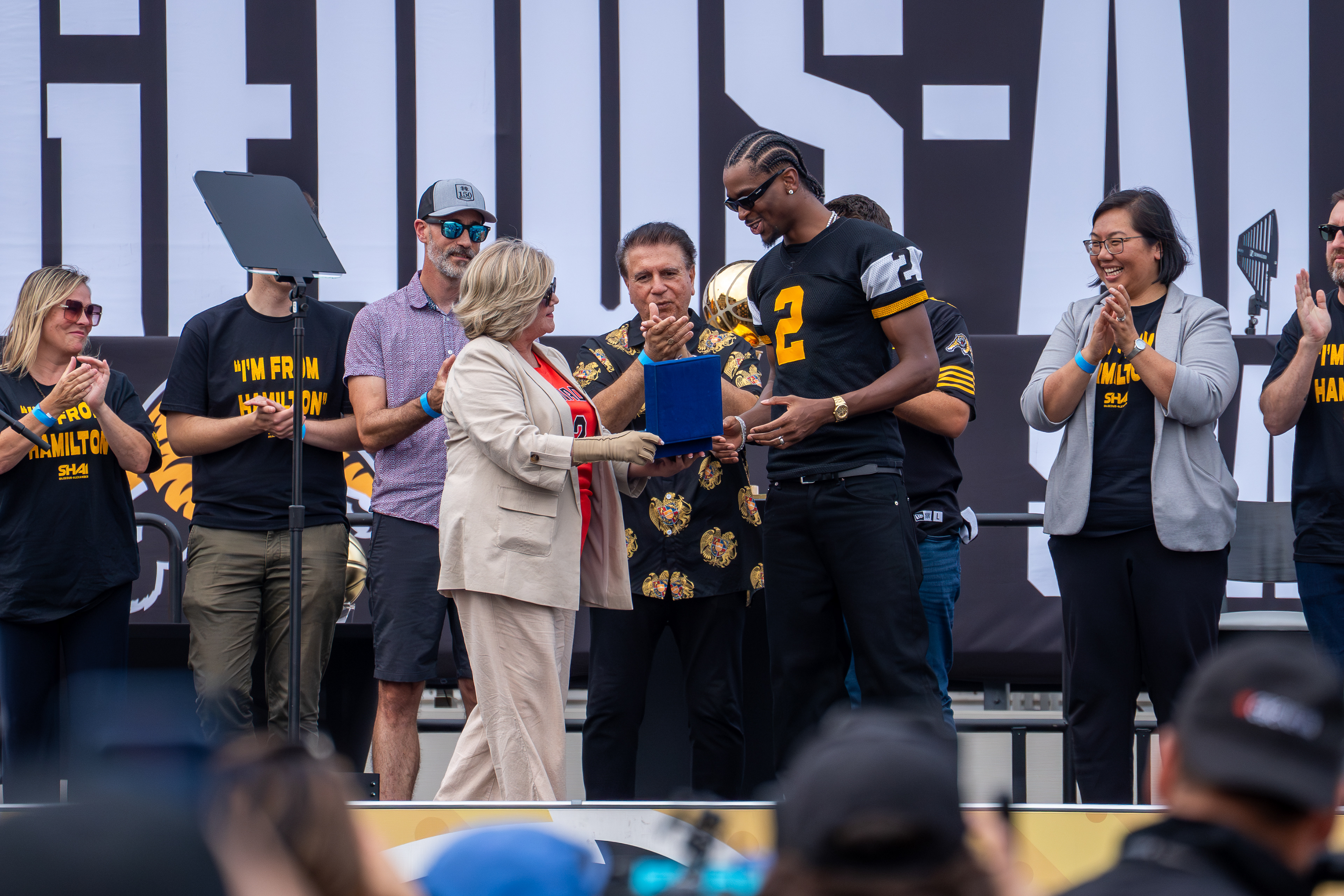 Hamilton Mayor Andrea Horwath presents Shai Gilgeous-Alexander with the Key to the City during the Shai Rally Day celebration at Hamilton Stadium on August 7, 2025 in Hamilton, Ontario, Canada. The Hamilton native returned home after leading the Oklahoma City Thunder to the 2025 NBA championship and earning NBA Most Valuable Player and NBA Finals Most Valuable Player honours. (Photo by Jay Barlett)