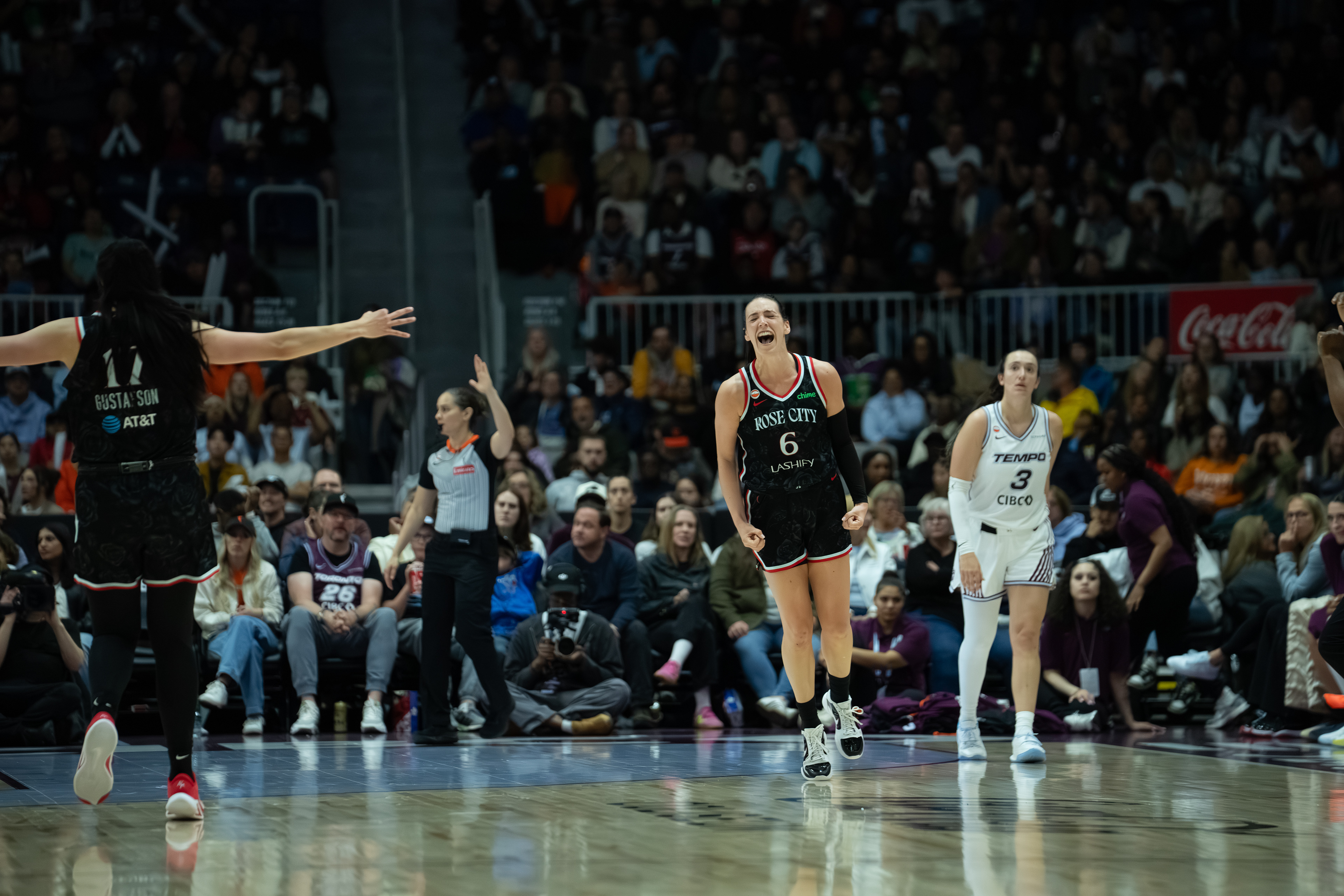 Bridget Carleton of the Portland Fire celebrates after making a three-point basket against the Toronto Tempo during a WNBA game at Coca-Cola Coliseum on May 23, 2026 in Toronto, Ontario, Canada. (Photo by Jay Barlett)