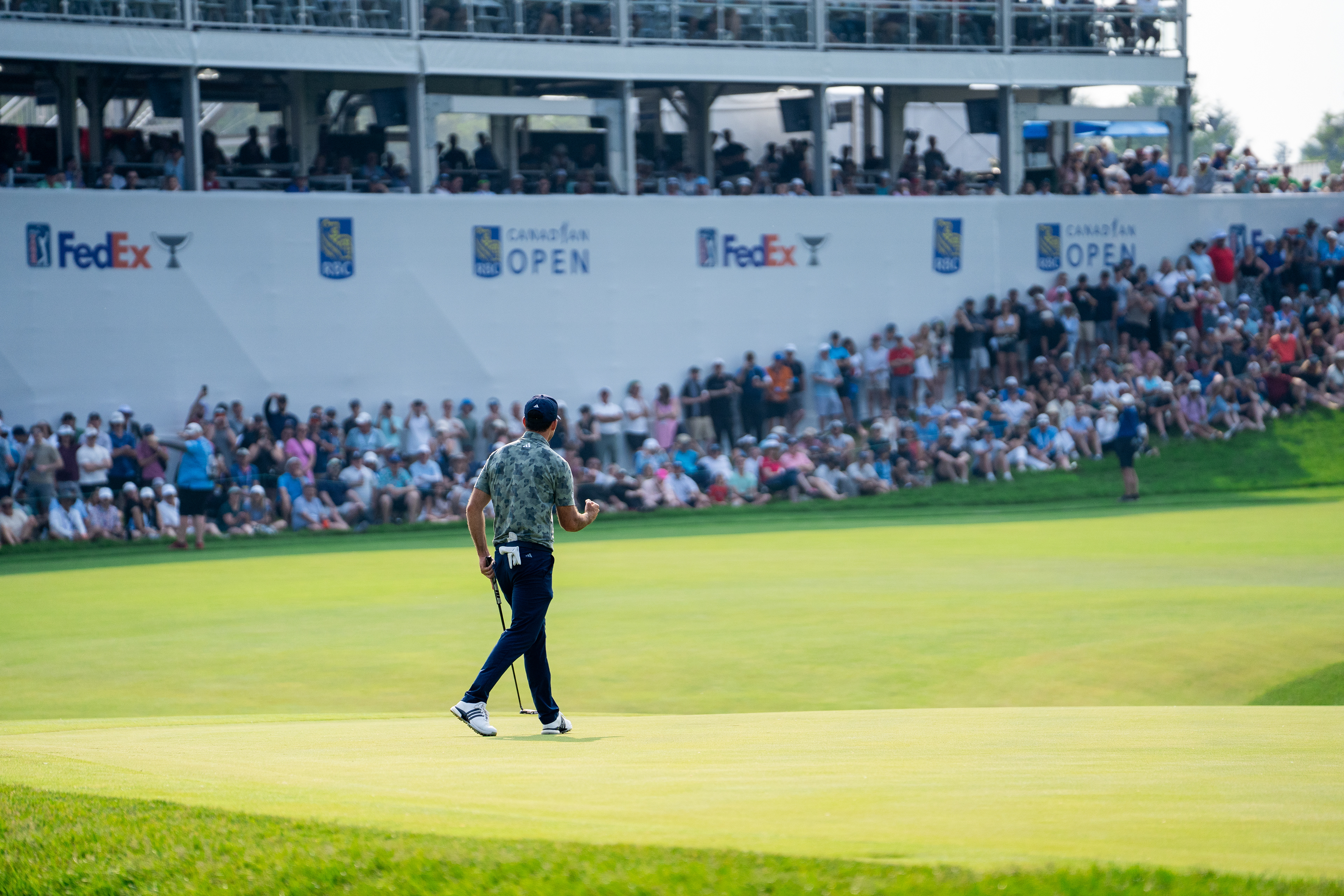 Canadian Nick Taylor celebrates after making a birdie putt on the 18th green during the third round of the RBC Canadian Open at TPC Toronto on June 7, 2025, in Caledon, Ontario. (Photo by Jay Barlett)