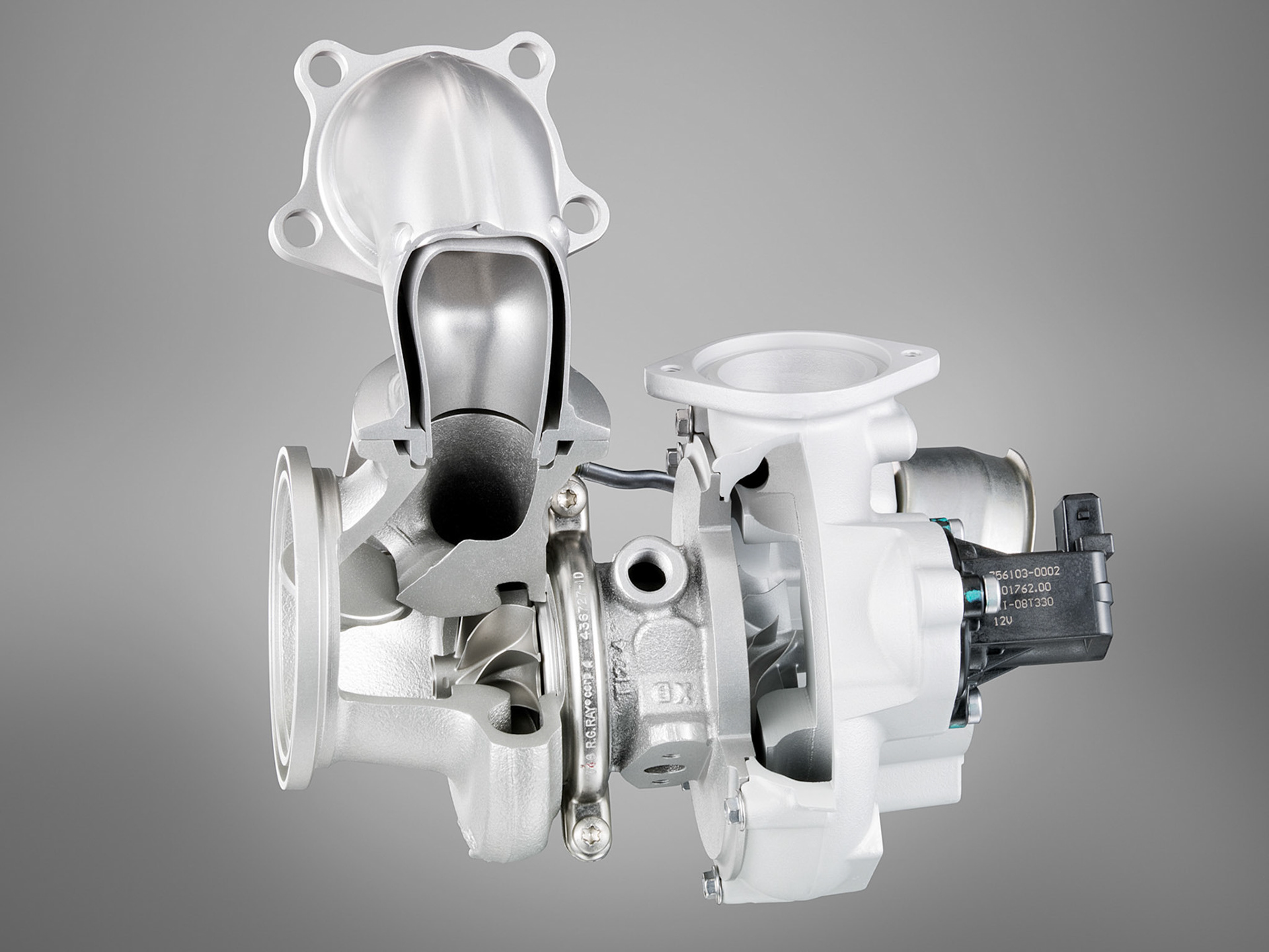 Cut-away Display of the exhaust gas turbocharger of the BMW N74 V12 engine