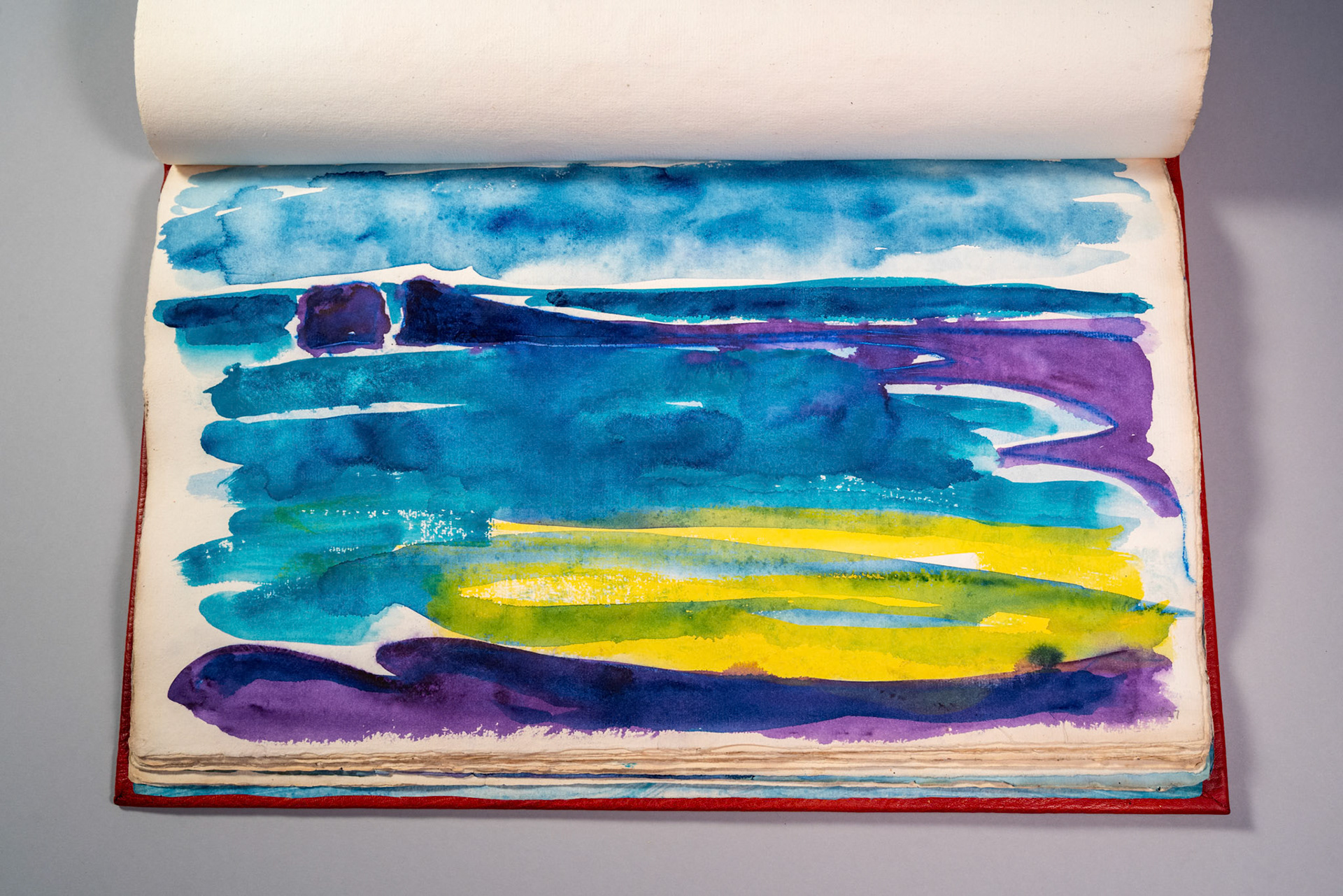 Balinglen 2023 Sketch BookPainting and drawing on antique laid paper, bound in leather with gold tooling, 12" x 16" x 1"