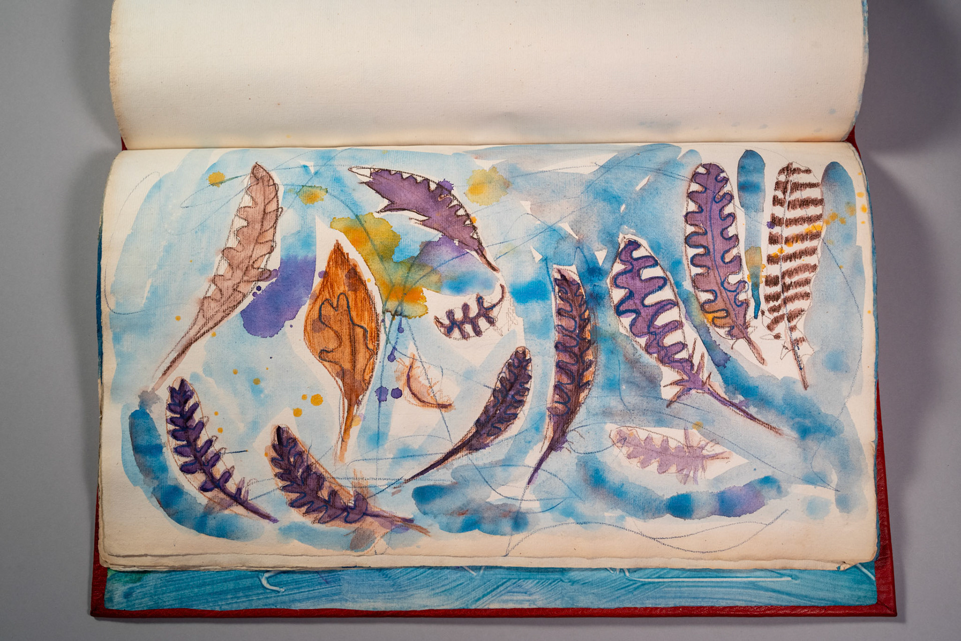 Balinglen 2023 Sketch BookPainting and drawing on antique laid paper, bound in leather with gold tooling, 12" x 16" x 1"