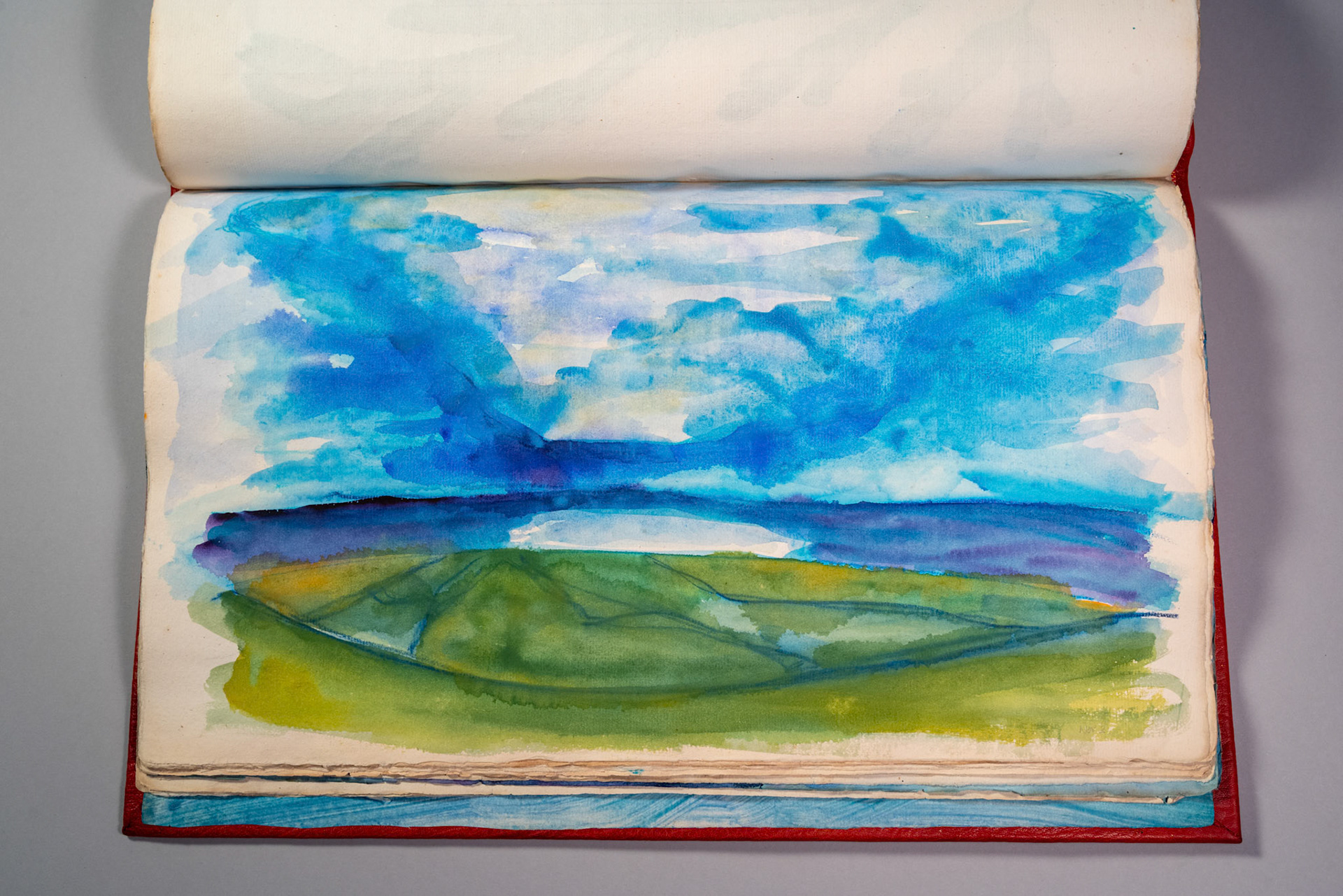 Balinglen 2023 Sketch BookPainting and drawing on antique laid paper, bound in leather with gold tooling, 12" x 16" x 1"