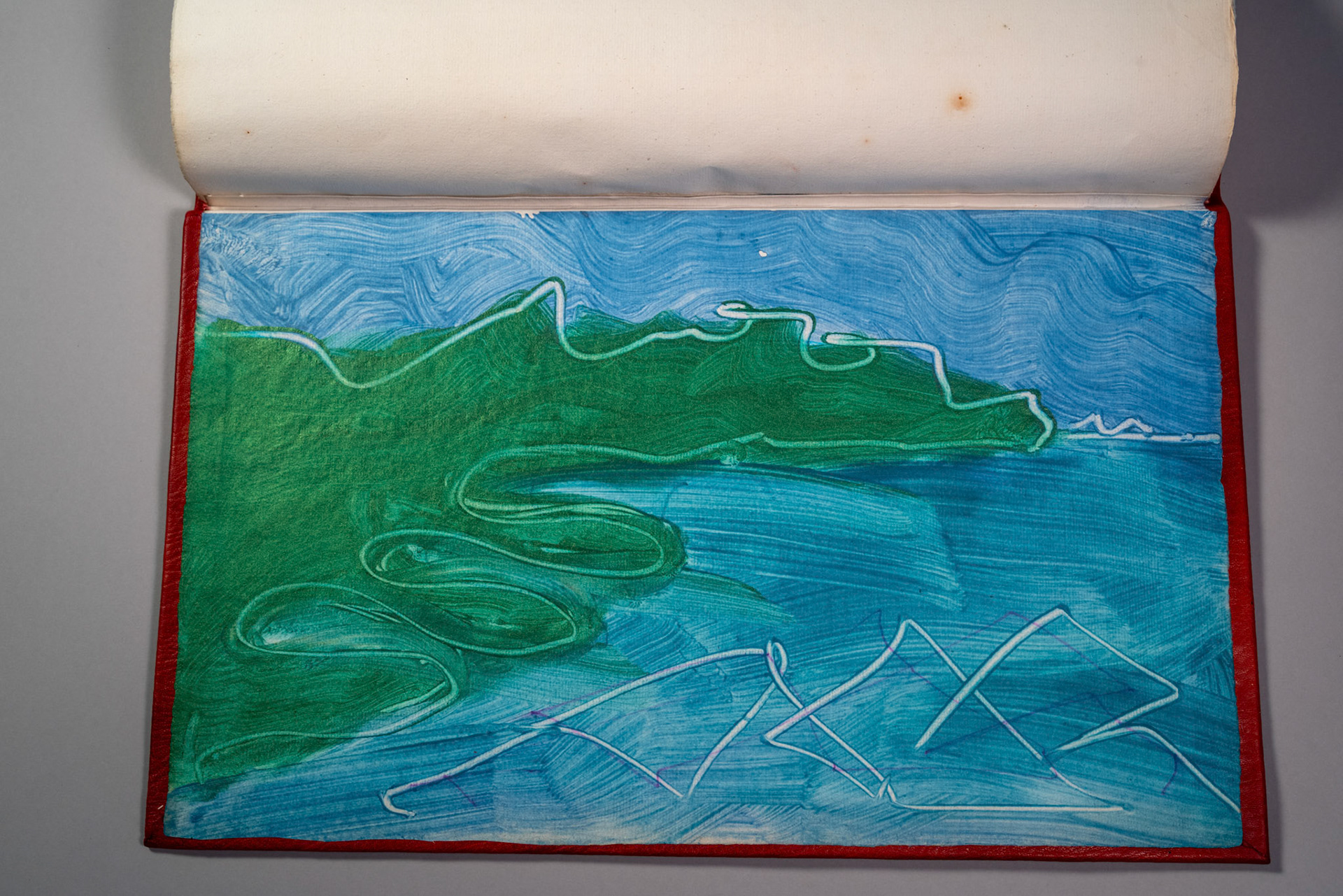 Balinglen 2023 Sketch BookPainting and drawing on antique laid paper, bound in leather with gold tooling, 12" x 16" x 1"