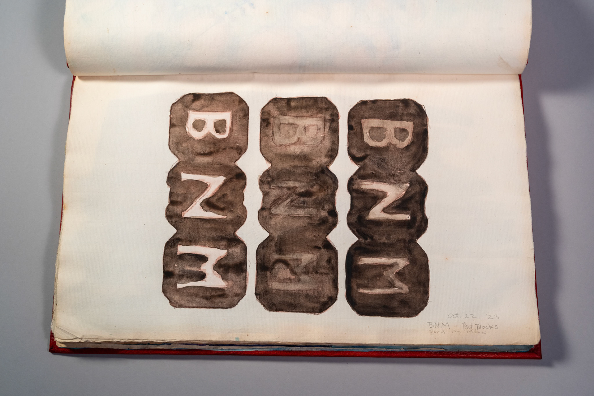 Balinglen 2023 Sketch BookPainting and drawing on antique laid paper, bound in leather with gold tooling, 12" x 16" x 1"