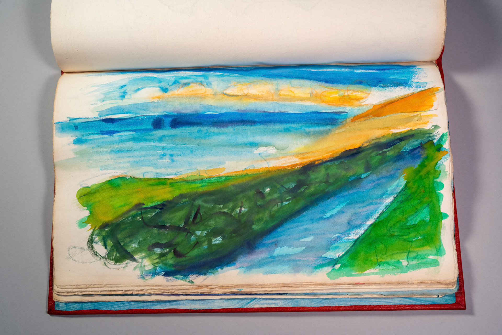 Balinglen 2023 Sketch BookPainting and drawing on antique laid paper, bound in leather with gold tooling, 12" x 16" x 1"