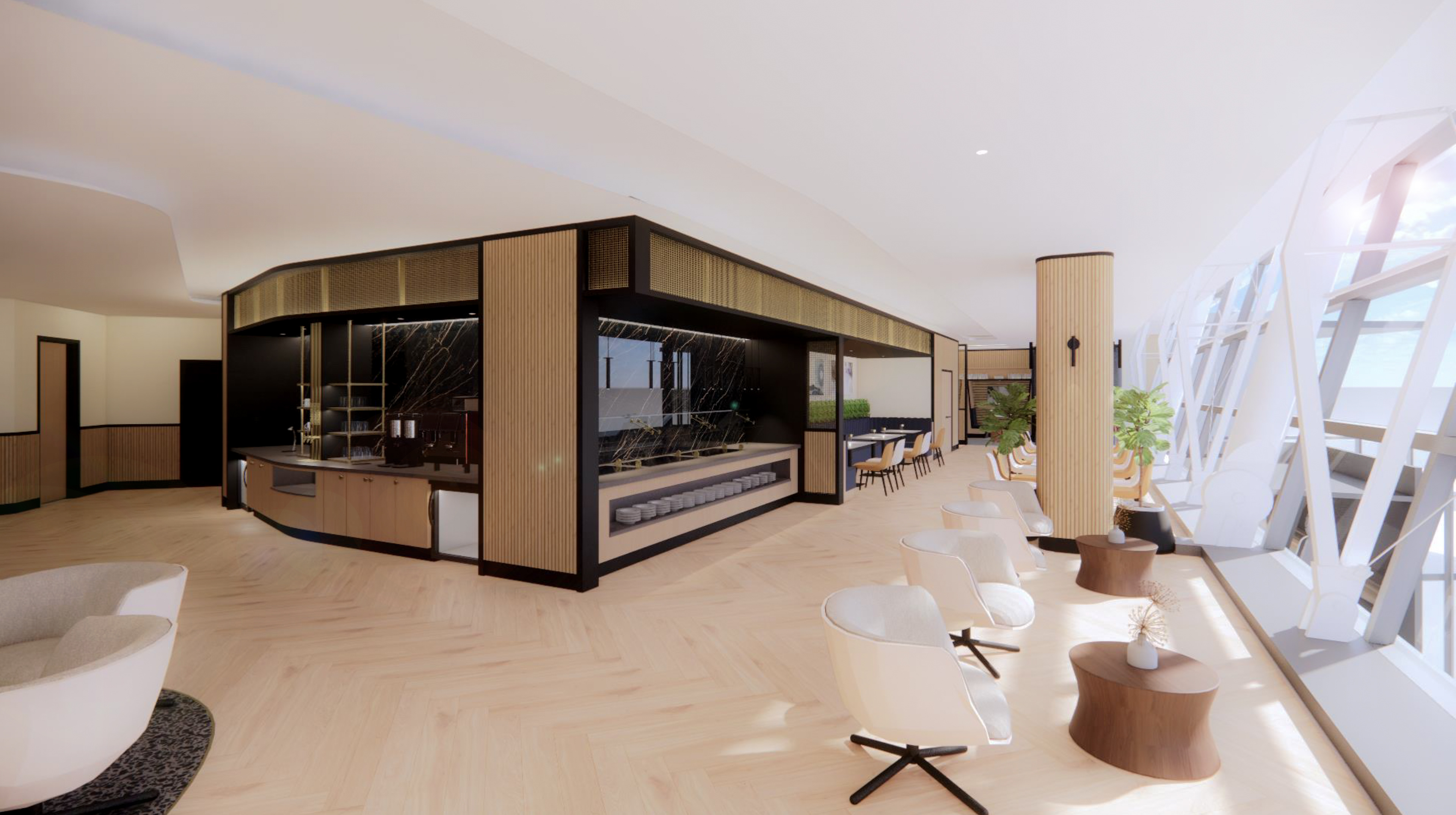 Beverage center, self-serve station, and perimeter lounge seating