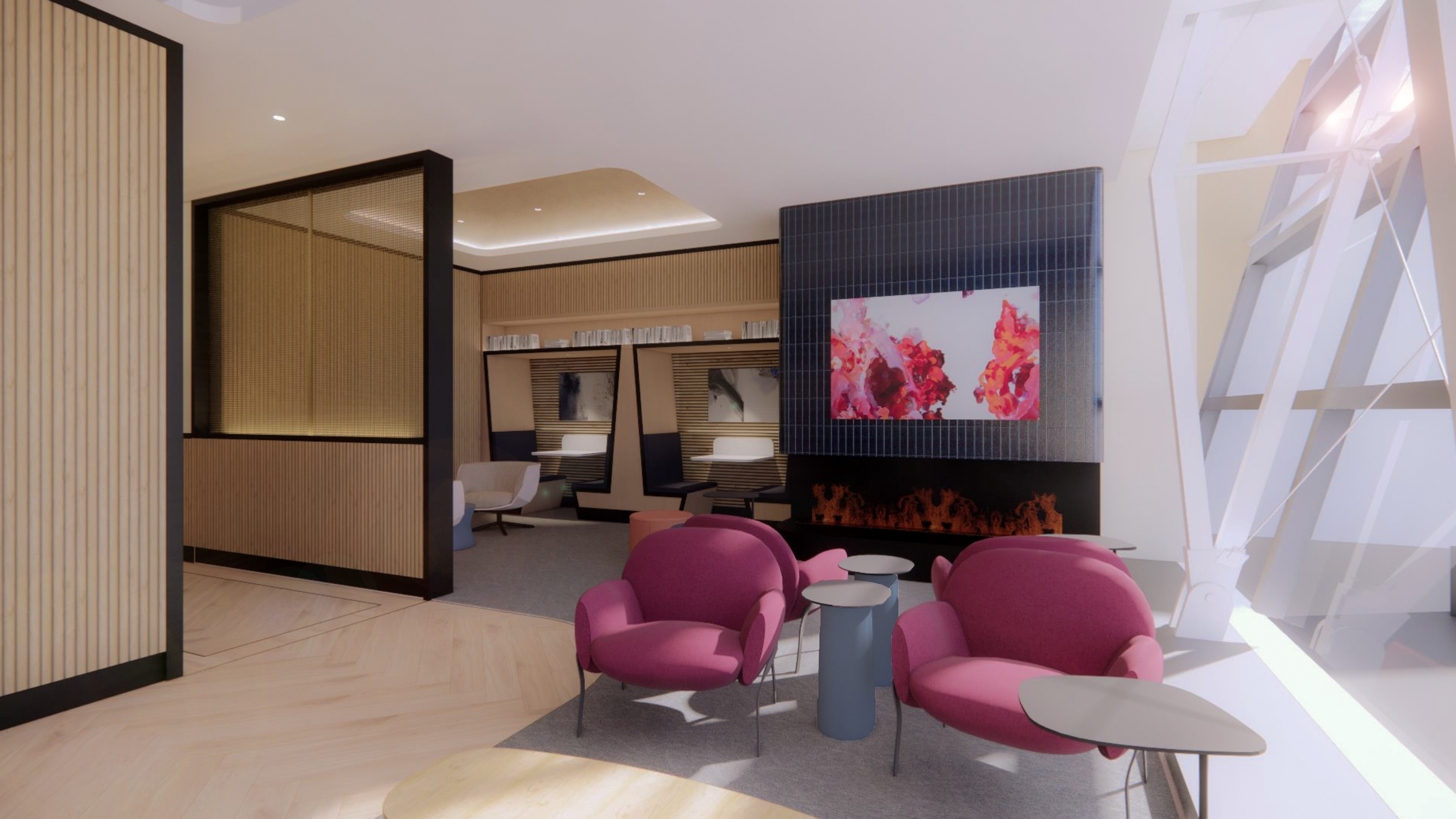 Work Lounge and Fireplace
