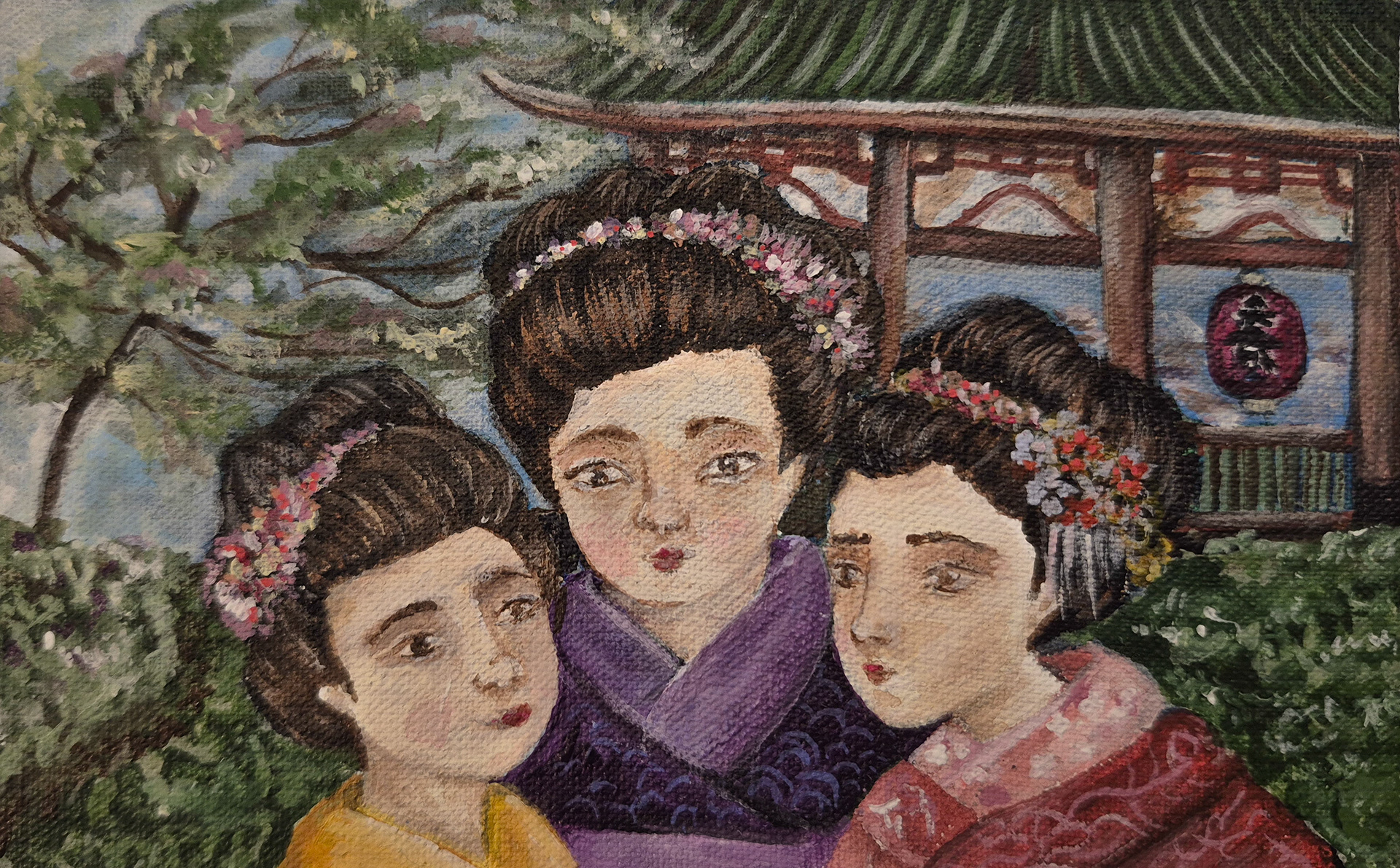 Ilustración acrílica 9x14 cm inspirada en tradición japonesa y serenidad — Ritual de Primavera