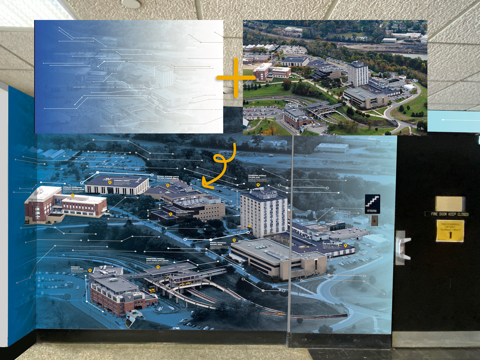 The blue to white gradient and circuits plus an aerial image of campus are added and the buildings are full color with location markers and fun facts.