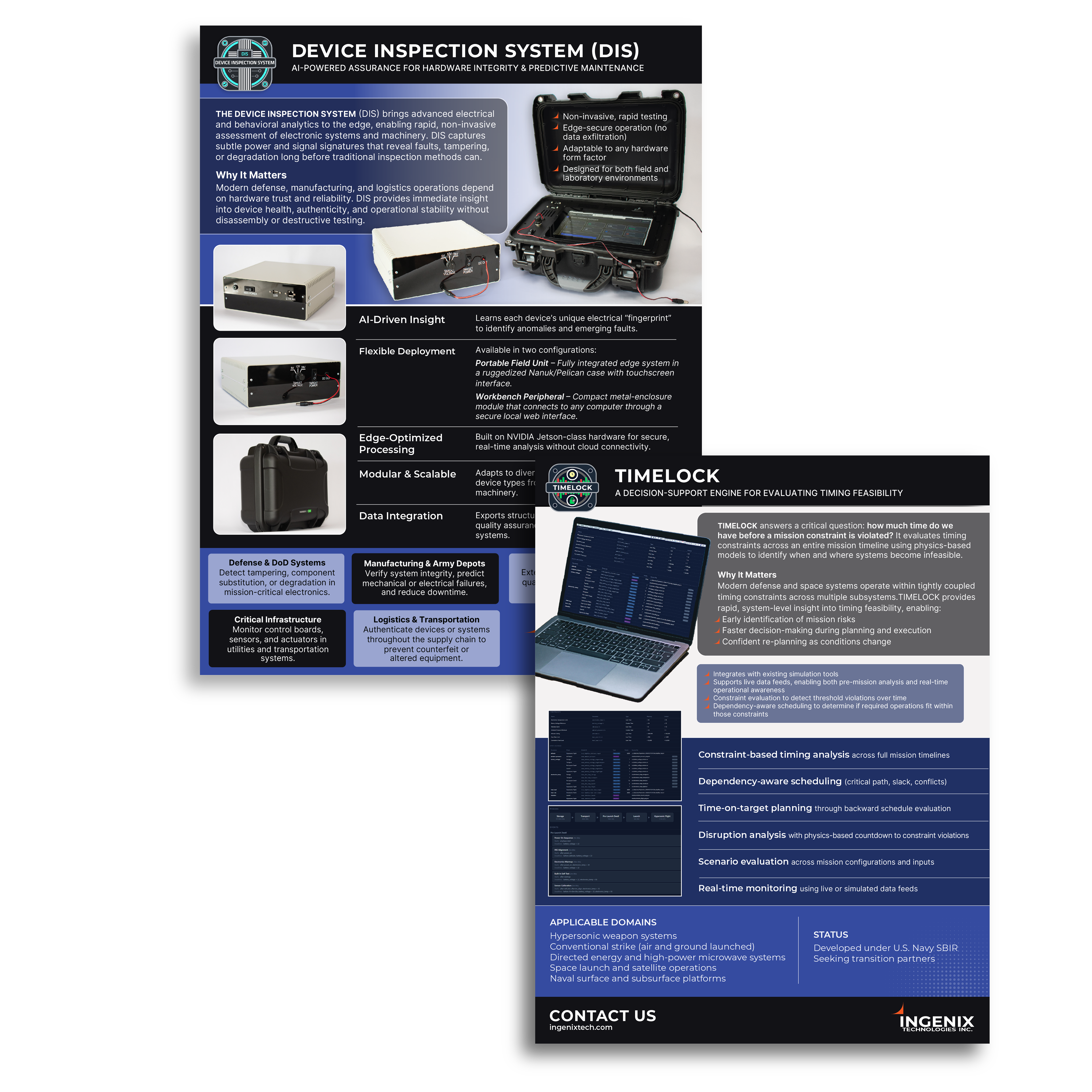 Blue, black and white flyers featuring Ingenix's Device Inspection System (DIS) Device, an AI-powered assurance for hardware integrity and predictive maintenance, and Timelock, a decision-support engine for evaluating timing feasibility.