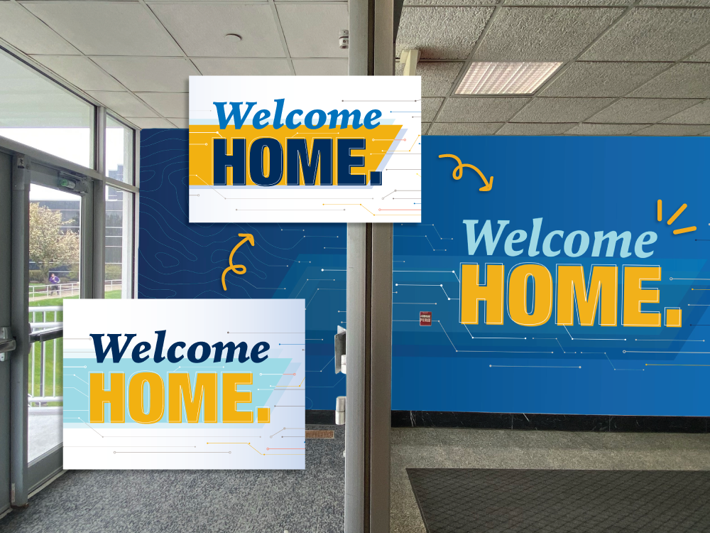 Welcome Home mockup on royal blue wall; previous versions change the 'welcome' from dark blue to royal blue to finally pale blue, and the slash has become transparent overlays instead of a solid color.