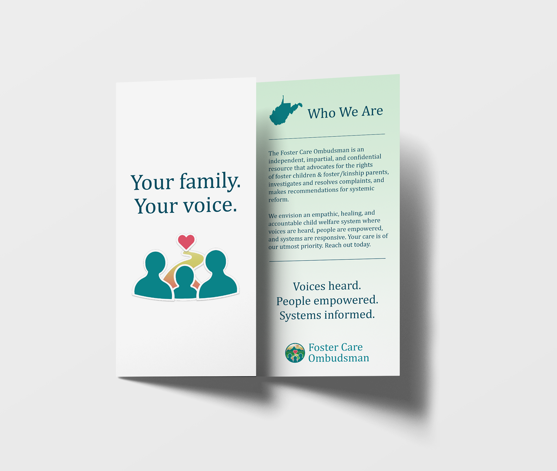 Brochure mockup for WV Foster Care Ombudsman, featuring two different versions of the logo: silhouetted, genderless adults and child leading to a road with a heart at the end.