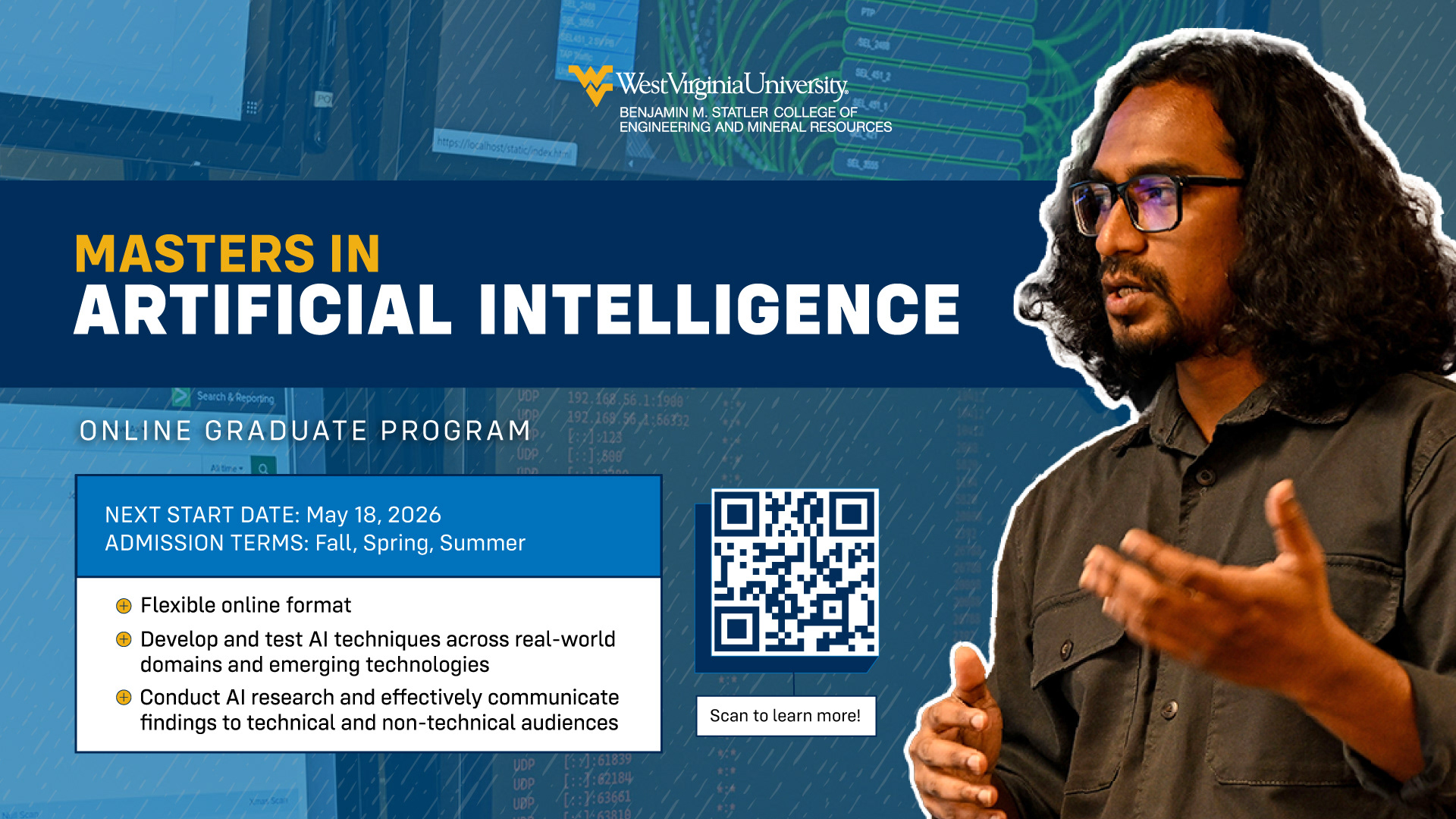 Masters in Artificial Intelligence. A student with glasses explains complex graphs on multiple computer screens.