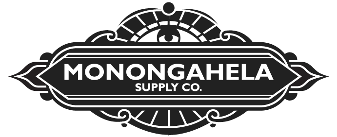 An eye overlooking an ornate set of black shapes, reading "Monongahela Supply Co." in the middle.