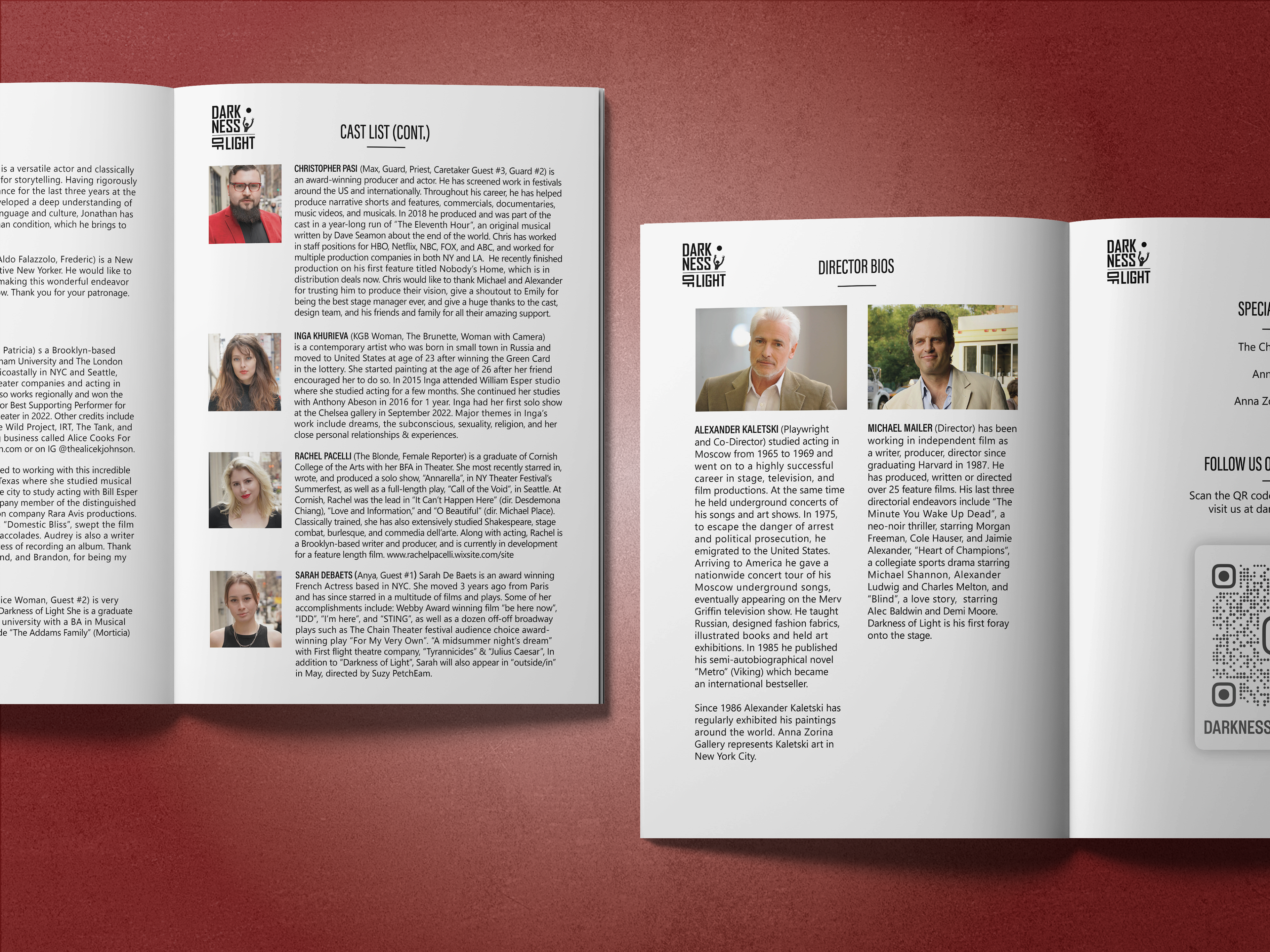 Program design for Darkness of Light play, featuring Director bios and cast list.