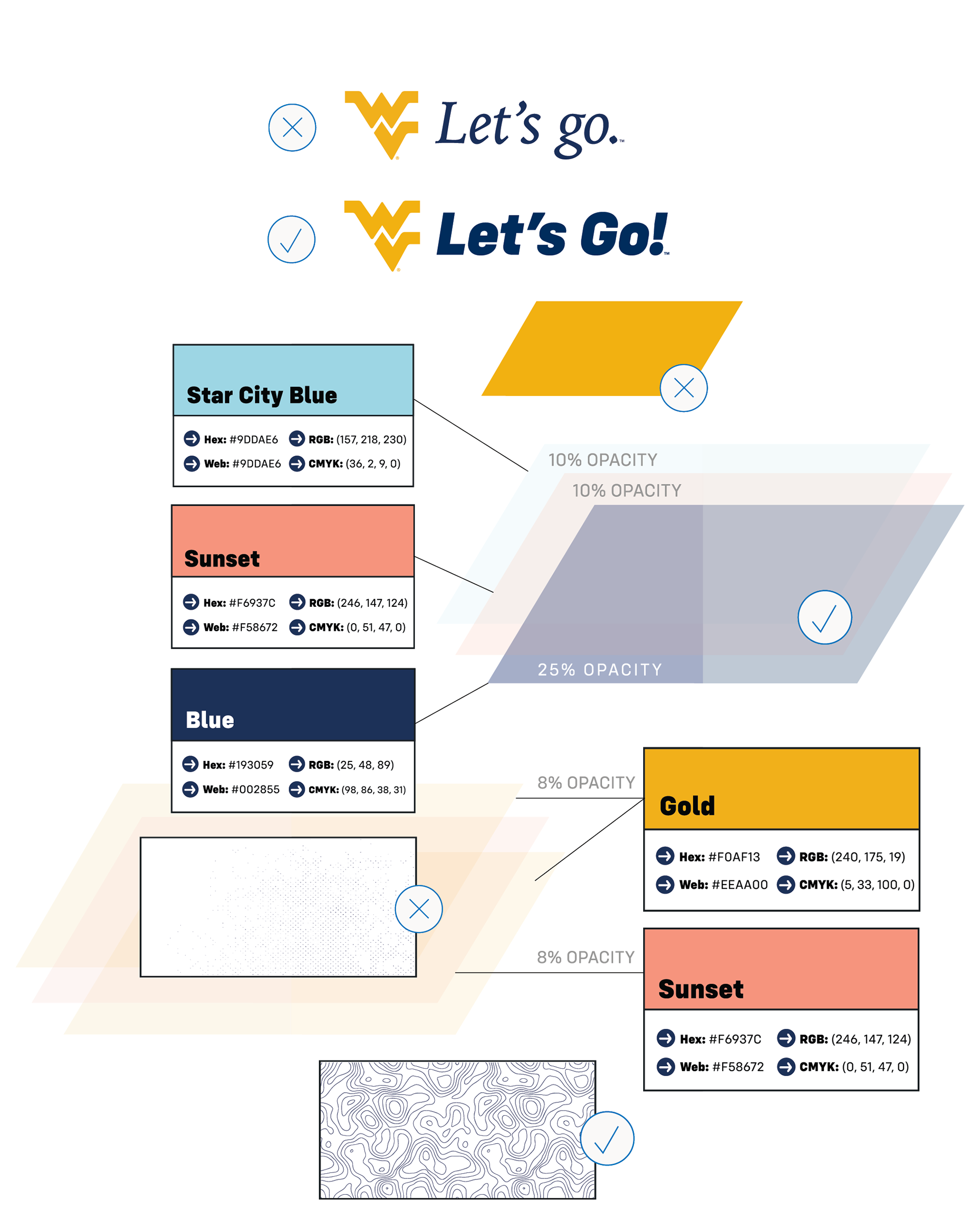 several parameters to work around: new and old "Let's Go" logos, swatches for Star City Blue, Sunset, Gold, and Blue for transparent slashes, no halftone grit texture allowed but topography texture allowed.