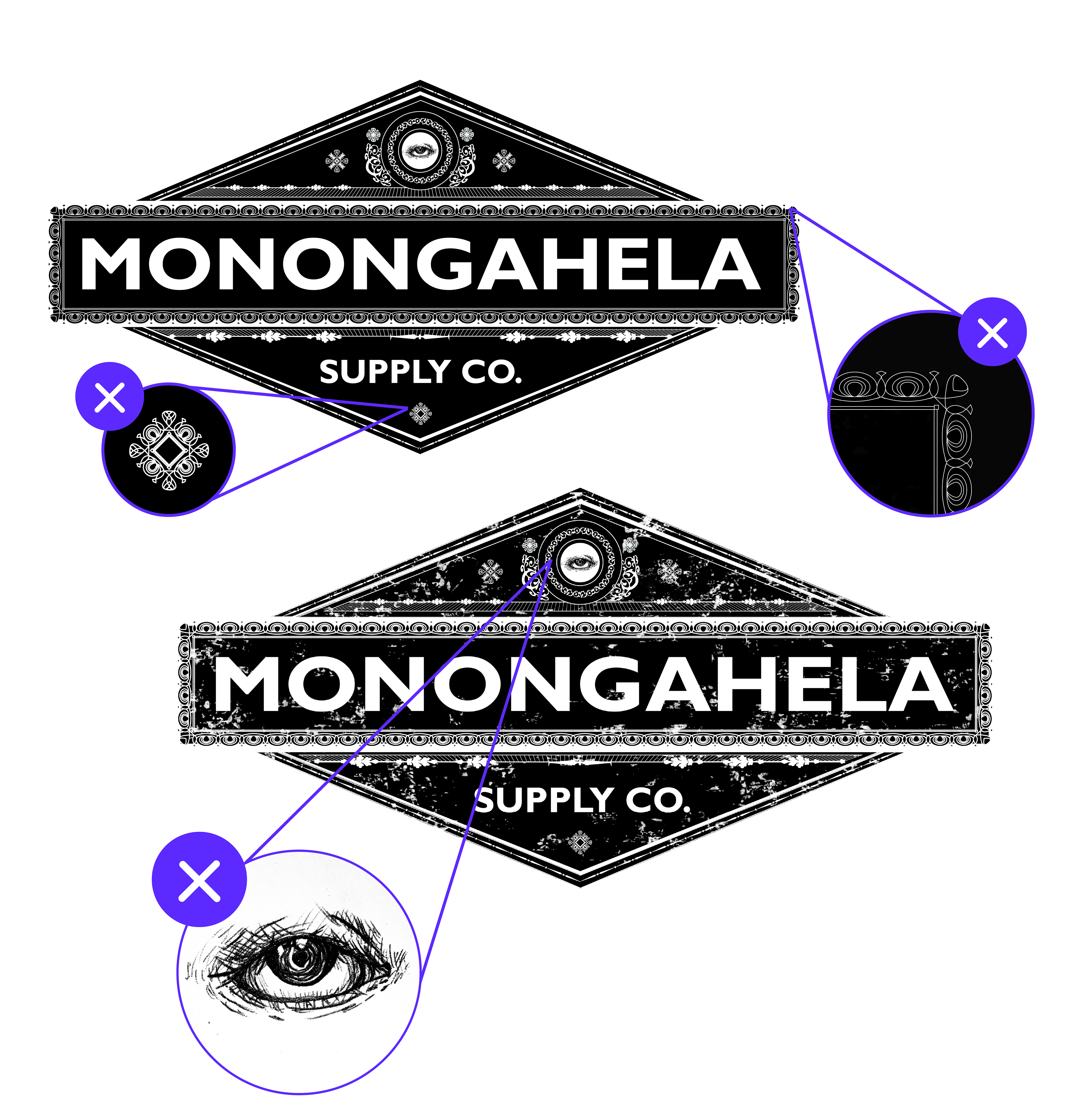 Two logos reading "Monongahela Supply Co.", made of a rectangle between two wide triangles. Points such as ornate corners and extremely detailed eyes are highlighted with an X.