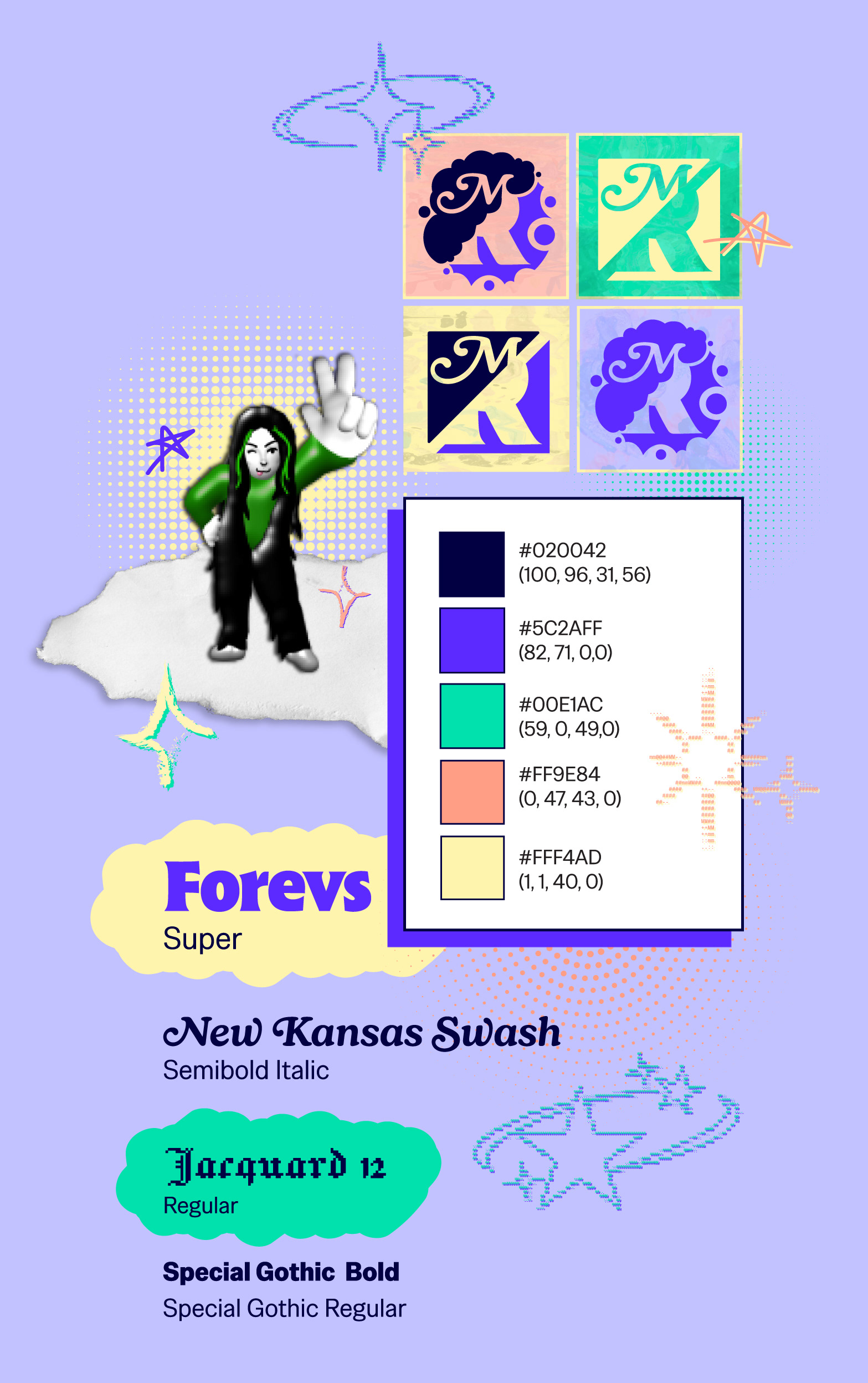 A collage of visual assets from my personal brand guide as a designer. Includes halftone patterns, decorative assets made of ASCII, scanned photos of ripped paper and paintings, and 4 central fonts (Forevs Super, New Kansas Swash Semibold Italic, Jacquard 12 Regular, and Special Gothic).