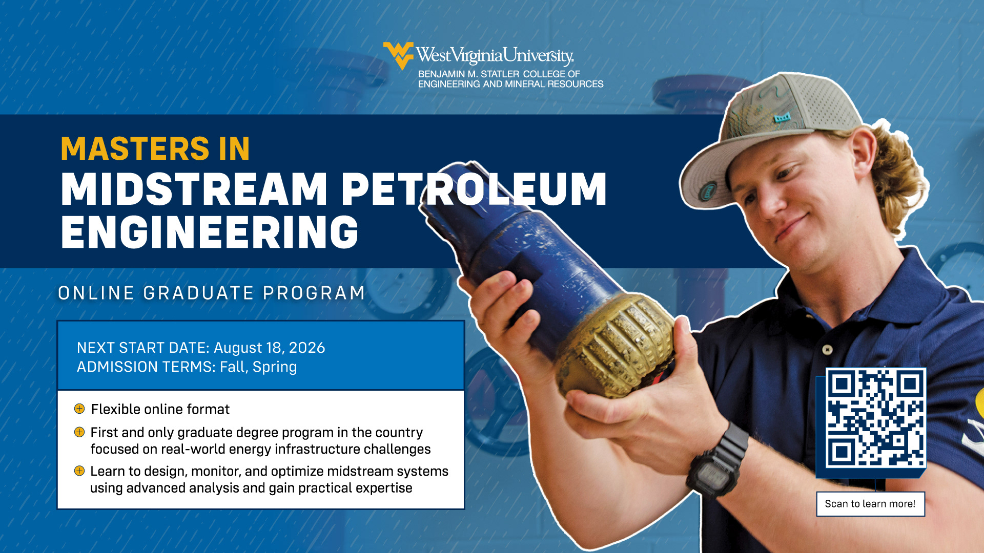 Masters in Midstream Petroleum Engineering. A male student in a hat smiles as he holds and inspects a large drilling bit.