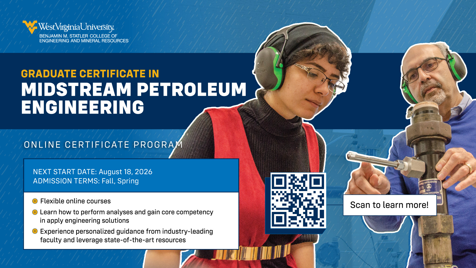 Graduate Certificate in Midstream Petroleum Engineering. A female student with hearing protection examines as her professor points out a lever on a device.