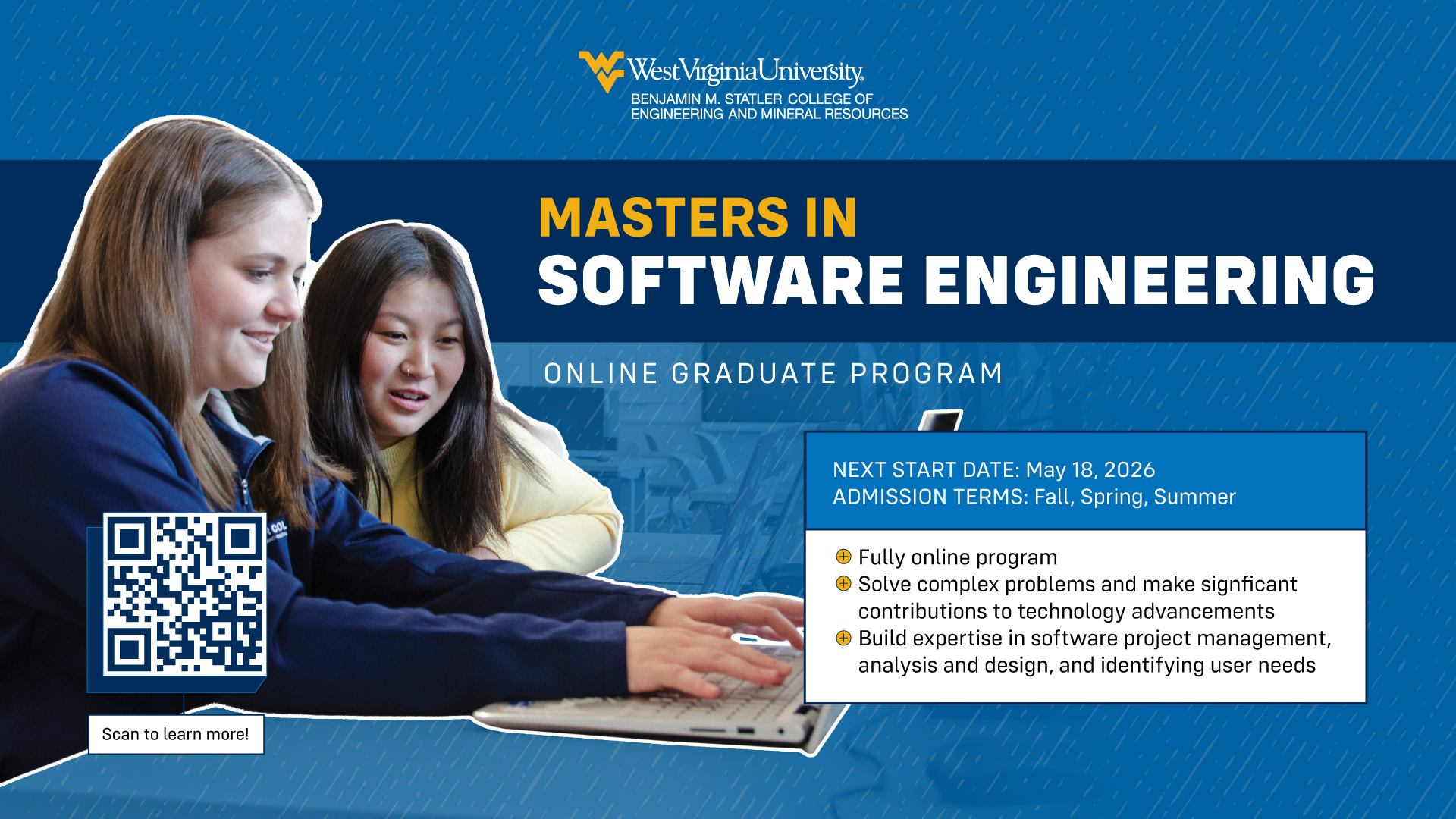 Masters in Software Engineering. Two female students smile as they jointly work on a laptop.