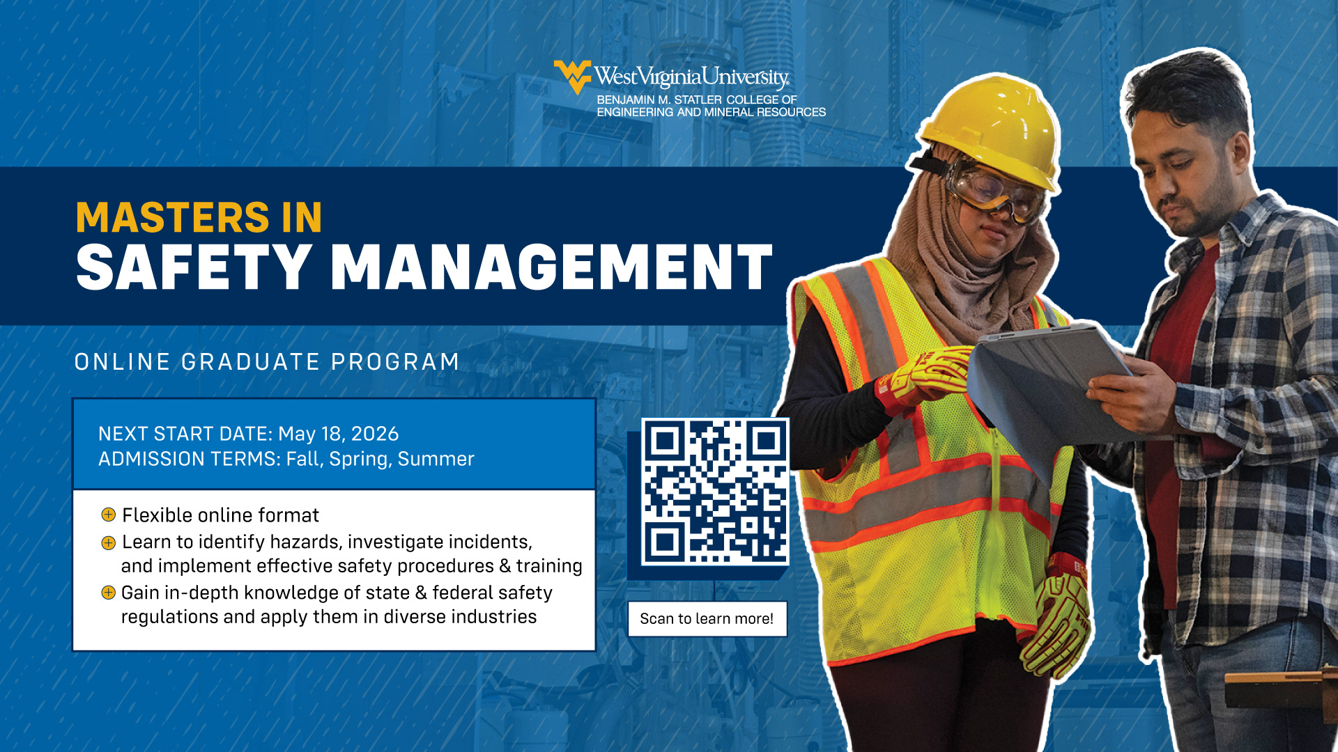 Masters in Safety Management. A female student in full construction gear examines an iPad with information with another male student.