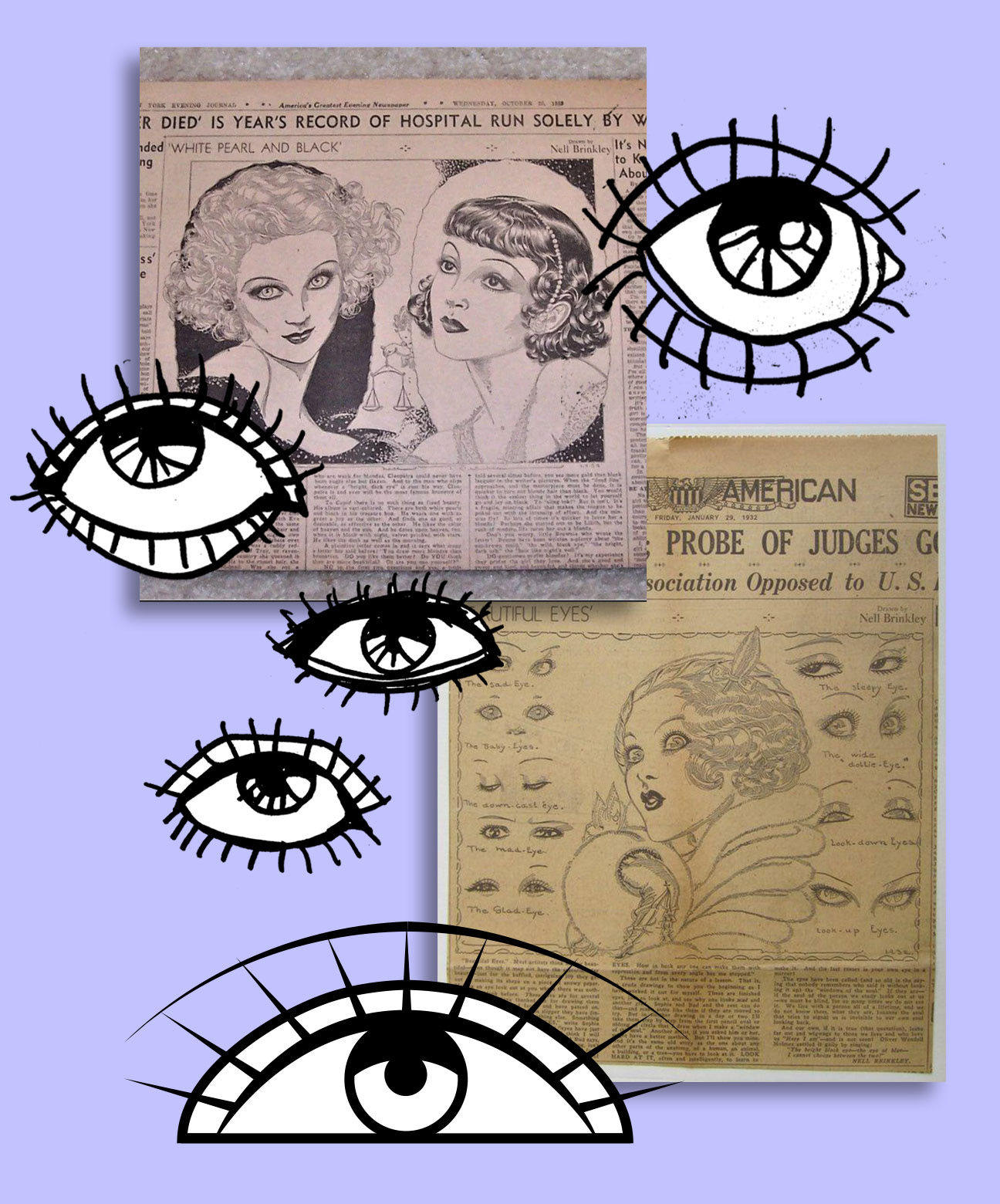Excerpts from magazines from the 1920's with illustrations of eyes in the center, surrounded by sketched singular eyeballs and a vector image of an eyeball in a half moon shape.