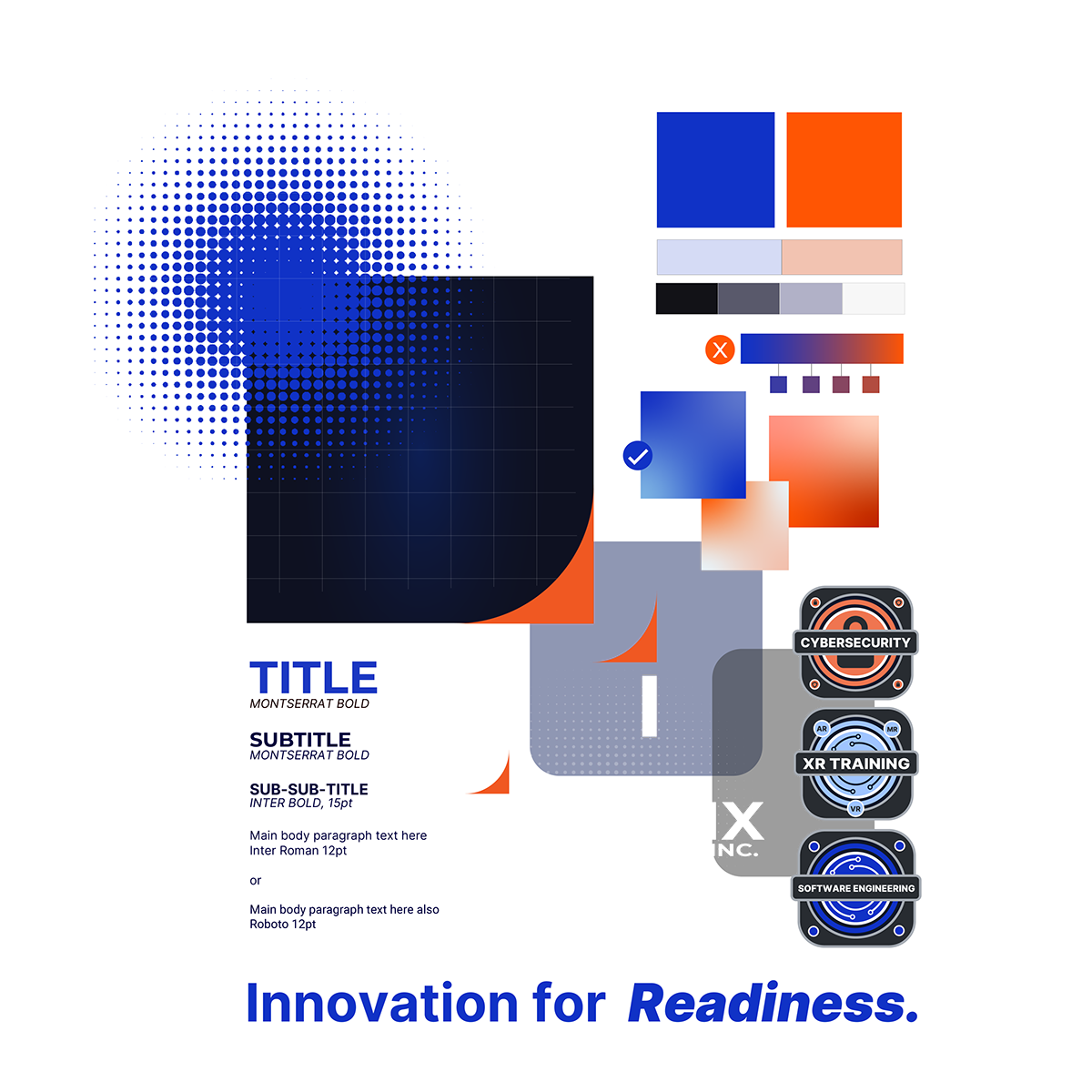 Elements of the the brand guide for INgenix Technologies; blue and orange squares, gradients, halftone patterns, gridlines, Monterserrat, Inter, and Roboto fonts, their word mark, tagline (Innovation for Readiness), and elements describing their capabilities (cybersecurity, XR training, and software engineering).