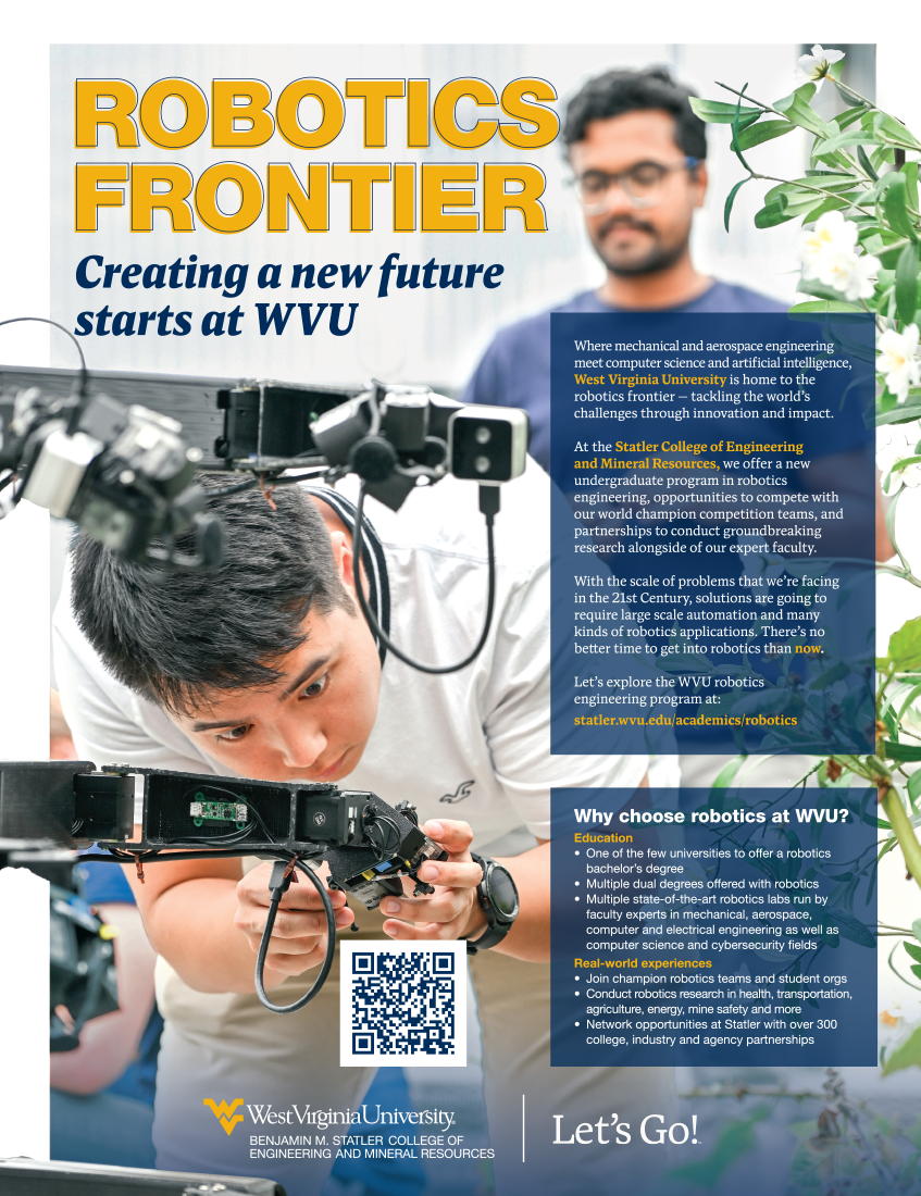 Robotics Frontier: Creating a new future starts at WVU. Two students investigate Statler's pollinator robot.