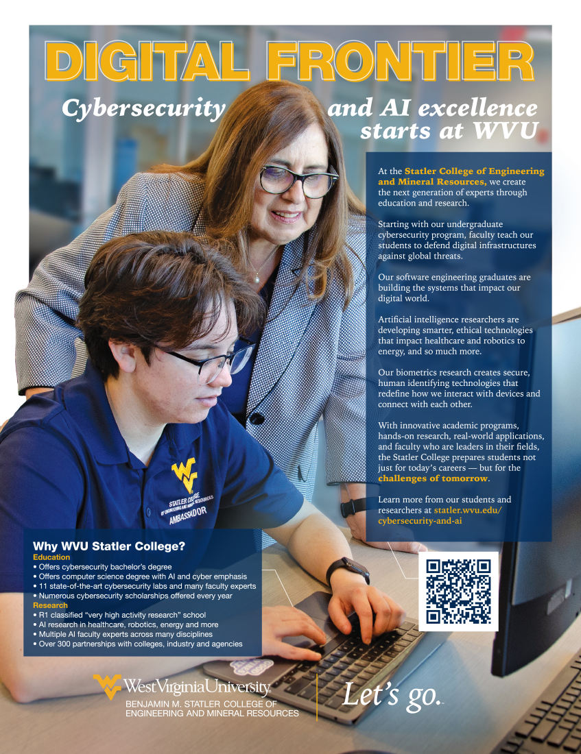 Digital Frontier: Cybersecurity and AI Excellence starts at WVU. A professor assists a Statler Ambassador student while smiling at the computer.