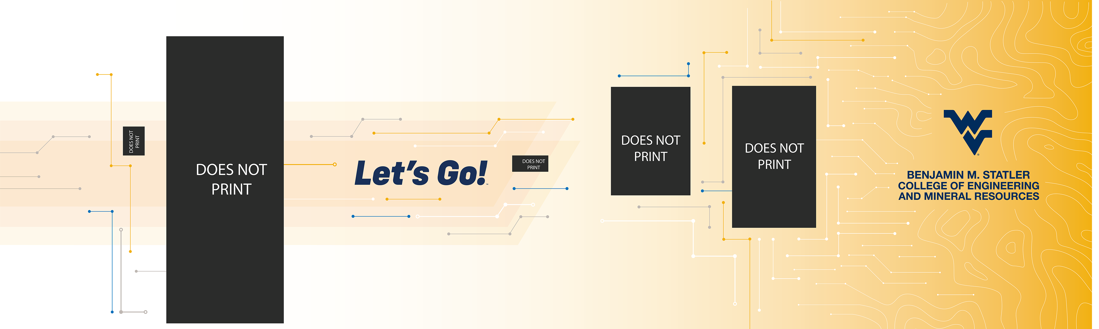 The circuits from the previous wall lead you to the "Let's Go!" logo, and the wall begins to fade to yellow. Circuits lead back into topography as the Statler College logo ends the wall graphics.