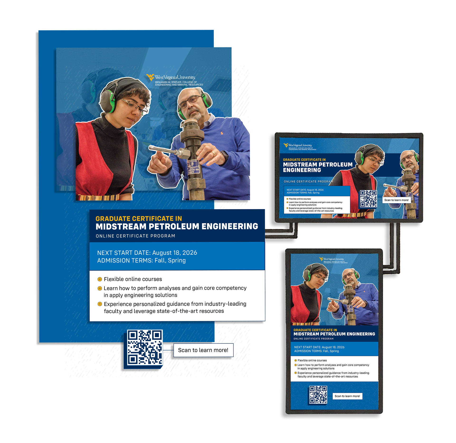 Floating InfoStation computer monitors displaying horizontal and vertical graphics for the Midstream Petroleum Engineering Graduate Certificate. A female student with hearing protection examines a lever as her professor points it out on a machine.